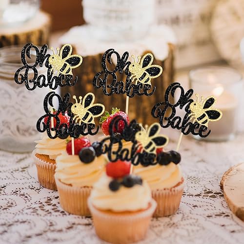 Miniatura 7 de Gyufise 24 piezas Oh Babee para cupcakes con purpurina Sweet Bumble Bee Oh Baby para temática de abejas, baby shower, fiesta de cumpleaños,