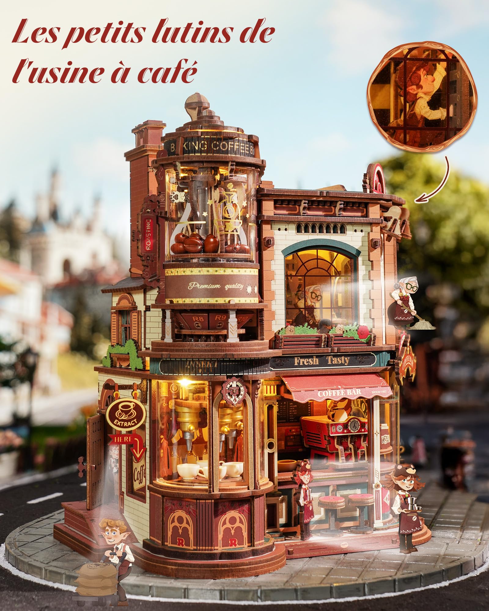 ROKR Dream Coffee Factory EAB02 Maison de Poupée Miniature DIY avec Boîte à Musique pour Adultes, Modèle Mécanique avec Pièces Mobiles, Lumières LED et Musique Jazz, Cadeau Créative