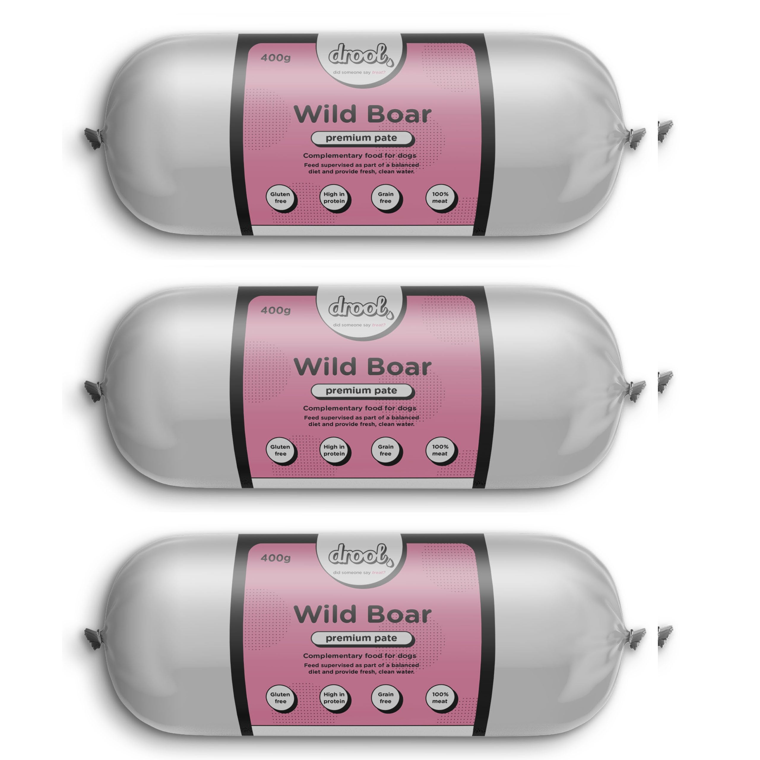 Drool Pet Products | Premium 3 x Wild Boar Dog Pate Tube Roll | Grain-Free High Protein Dog Food | Triple Pack 3 x 400g