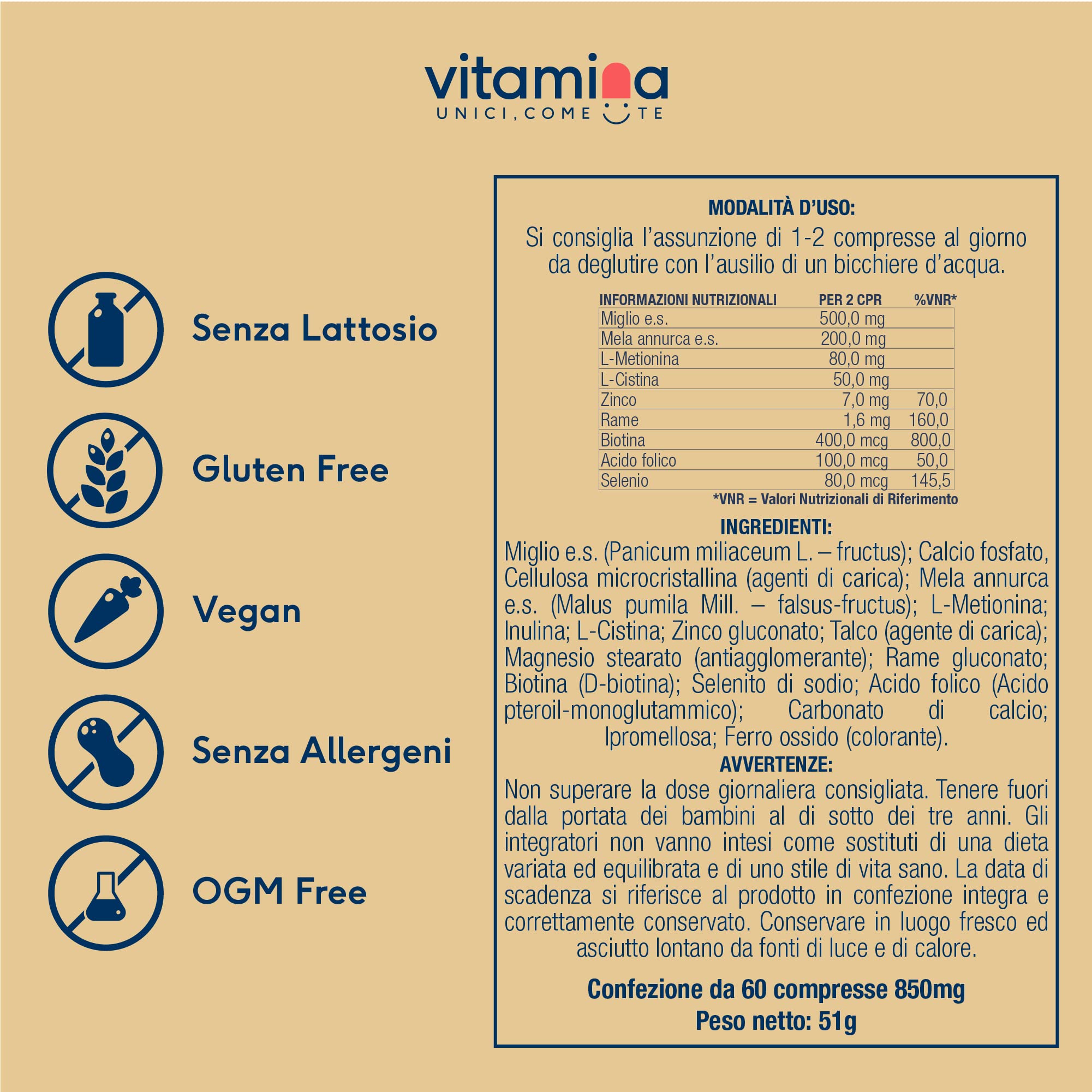 Capelli e Unghie | con Miglio e Biotina | + Vitamina B8 | Rinforza Capelli e Unghie | Portapillole Omaggio | 60 cpr da 850mg | NO Glutine e Lattosio | Made in Italy | Vitamina®
