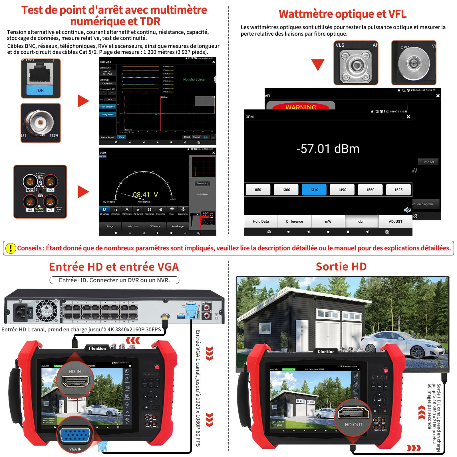Henkion Testeur IPC CCTV H20-MOVTADHSEF 8K 32MP 12MP IP Caméra Test POE++ Max 90W HD Testeur de caméra 8MP TVI/CVI/AHD/SDI/CVBS DMM TDR WiFi Outils de réseau RJ45 Testeur de câble 2CH SFP Port HD VGA
