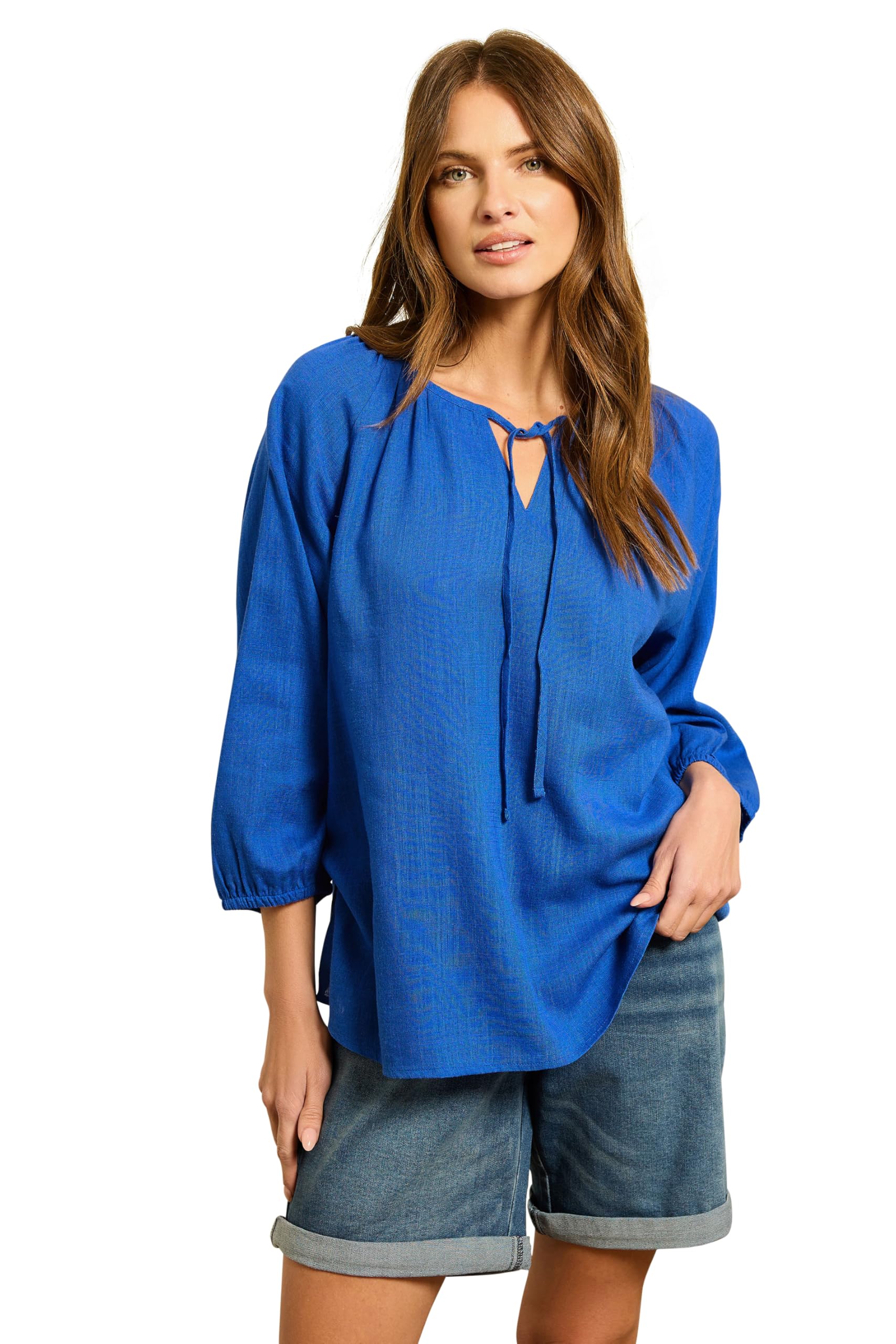 M&Co Women's Tie Neck Linen Blouse in Blue | Size: 16
