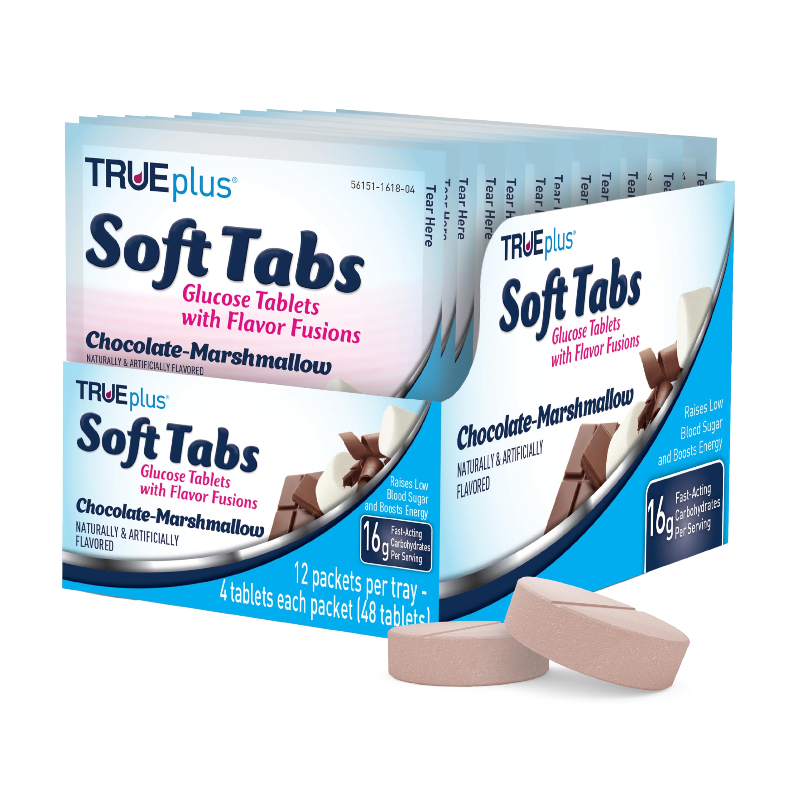 TRUEplus Soft Tabs Glucose Tablets, Chewable, Chocolate Marshmallow Flavor, 16g Fast-Acting Carbohydrates, Fat Free, Gluten Free, Raise Low Blood Sugar and Boost Energy, 4 Count, 12 Packs