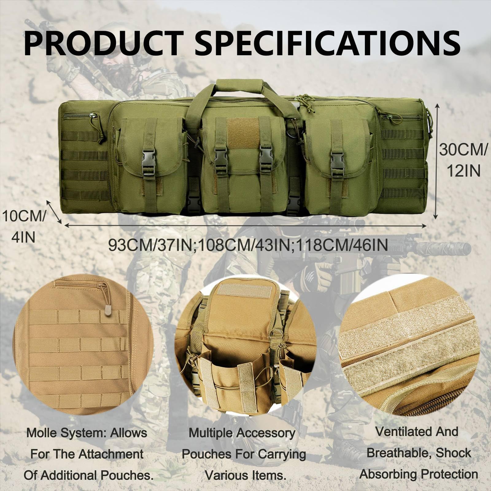 Bolsa De Armas, Funda de Fusil, Bolsa Doble para Rifles, Mochila para Carabina Airsoft Funda Escopeta Porta Caza, Almacenar O Transportar Rifles Black,118cm/46in