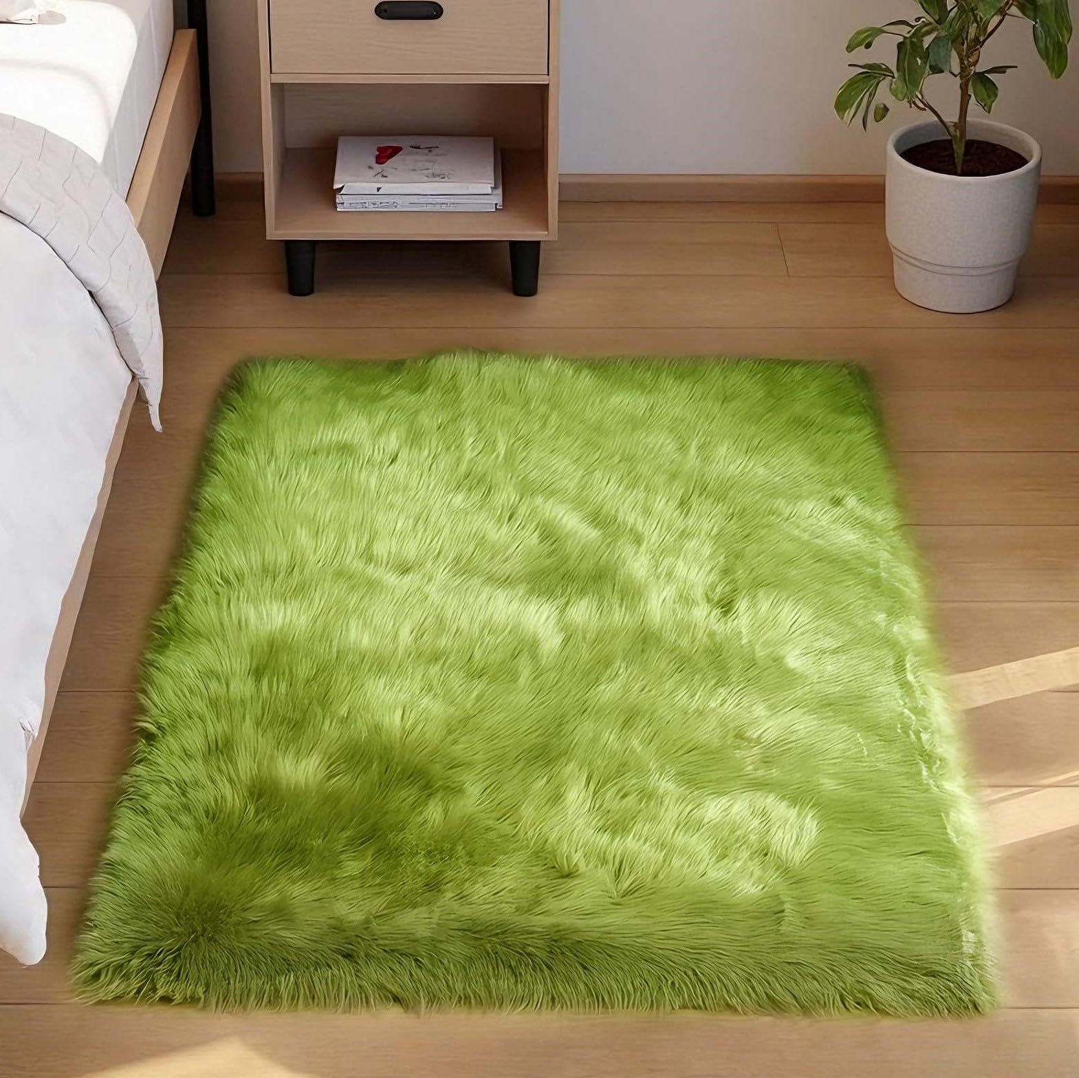 Goolela Lime Green Fluffy Fur Rug 3x5 for Bedroom Playroom Bedside Fuzzy Furry Faux Sheepskin Rug Shag Décor Rectangle