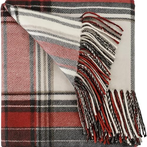 Fennco Styles Manta clásica de 50 x 60 pulgadas con patrón de cuadros y borlas, manta roja y blanca para sofá, decoración del hogar y temporada de