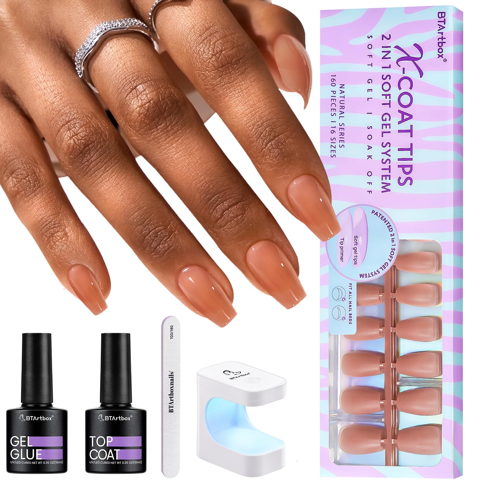 BTArtboxXCOATTIPS Gel Nail Kit - Short Coffin Press on Nails with Gel Glue, Top Coat, Nail Lamp, Pre-colored Short Nail Tips Brown Fake Nails for Daily Nail Art