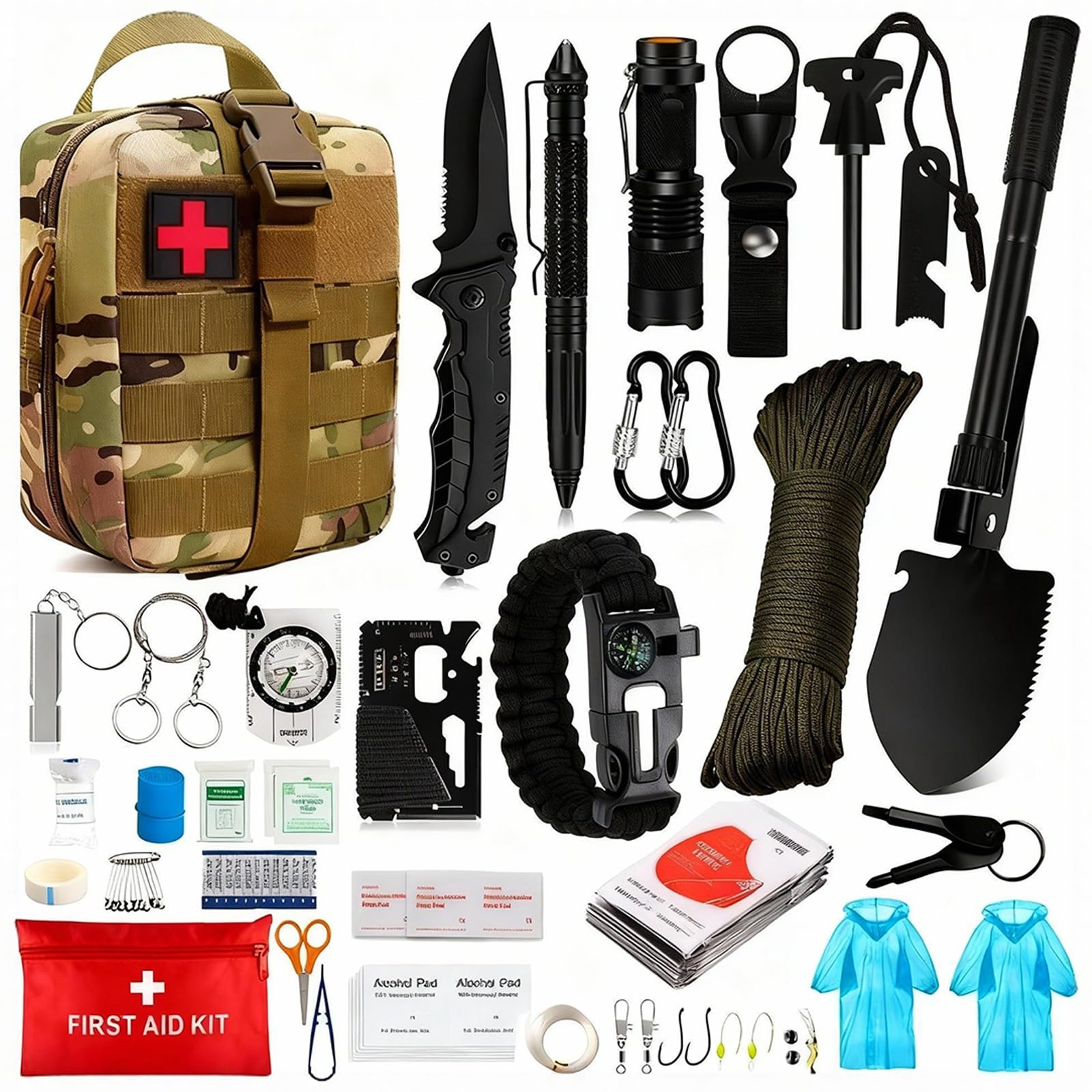 Kit de Supervivencia 30 en 1 con Pala, Tienda de Emergencia, Linterna LED y Mochila 4L - Equipo para Familia, Senderismo y Camping