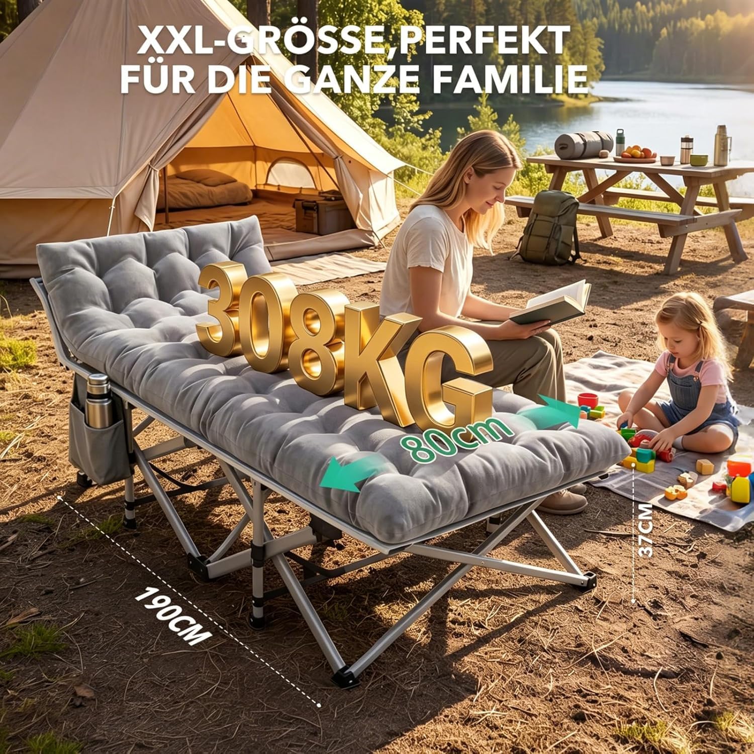 XXL Campingbett Feldbett 190 x 80 x 37 cm Feldbett Klappbar mit Matratze, Klappbett mit Seitentasche, Camping Bett 2 Personen Campingliege, Faltbar Gästebett bis 308 kg für Outdoor Indoor Reisen
