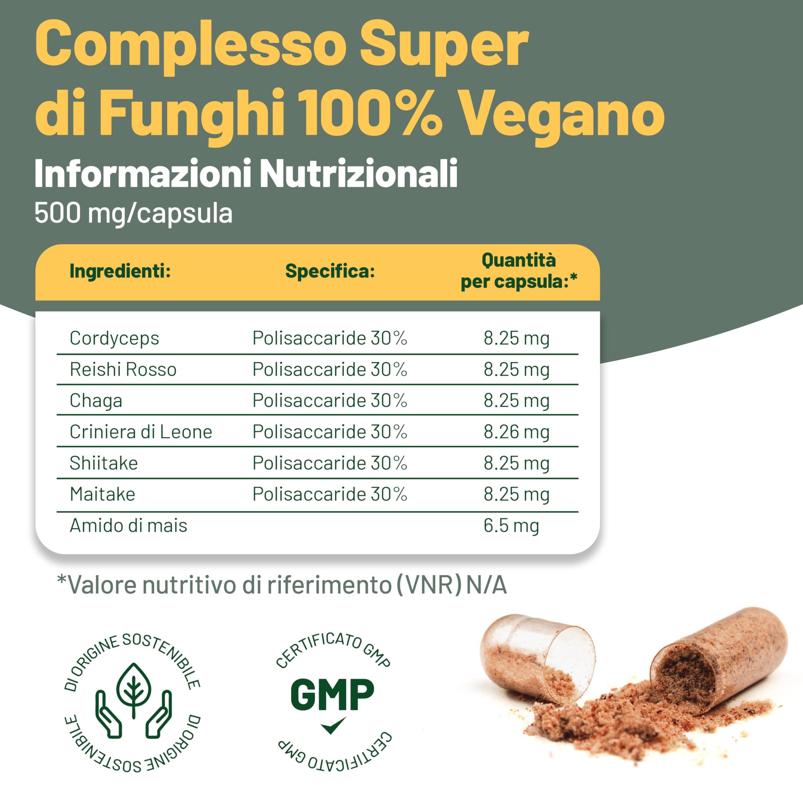 Vegan Vitality Integratore di 6 Funghi: Reishi, Lions Mane, Cordyceps, Chaga, Shiitake e Maitake - 120 Capsule da 500mg – Formula Concentrata