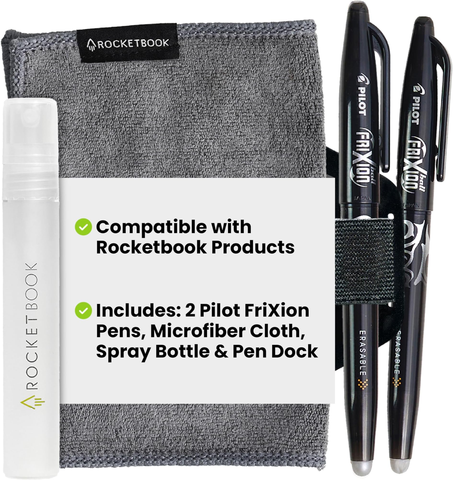 Rocketbook Smart Notebook Accessory Kit - 2 Black Capped FriXion Pens, 1 Spray Bottle, 1 Microfiber Cloth, and 1 Pen Station Scannable Notebook Accessories - Write, Scan, Erase, Reuse