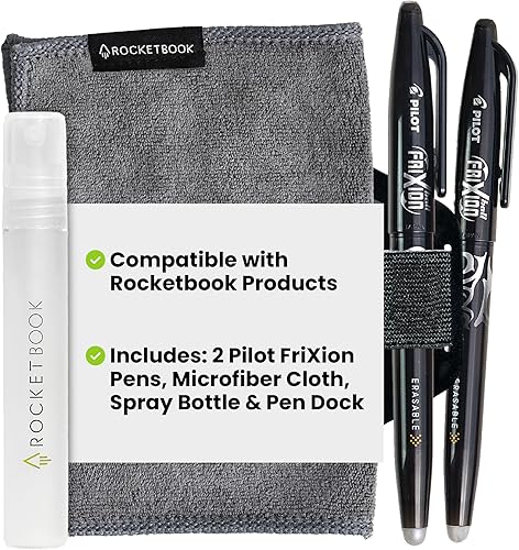 Kit de accesorios Rocketbook – Juego completo con 2 bolígrafos FriXion Gel, botella de spray, paño de microfibra y base para bolígrafo – Compatible