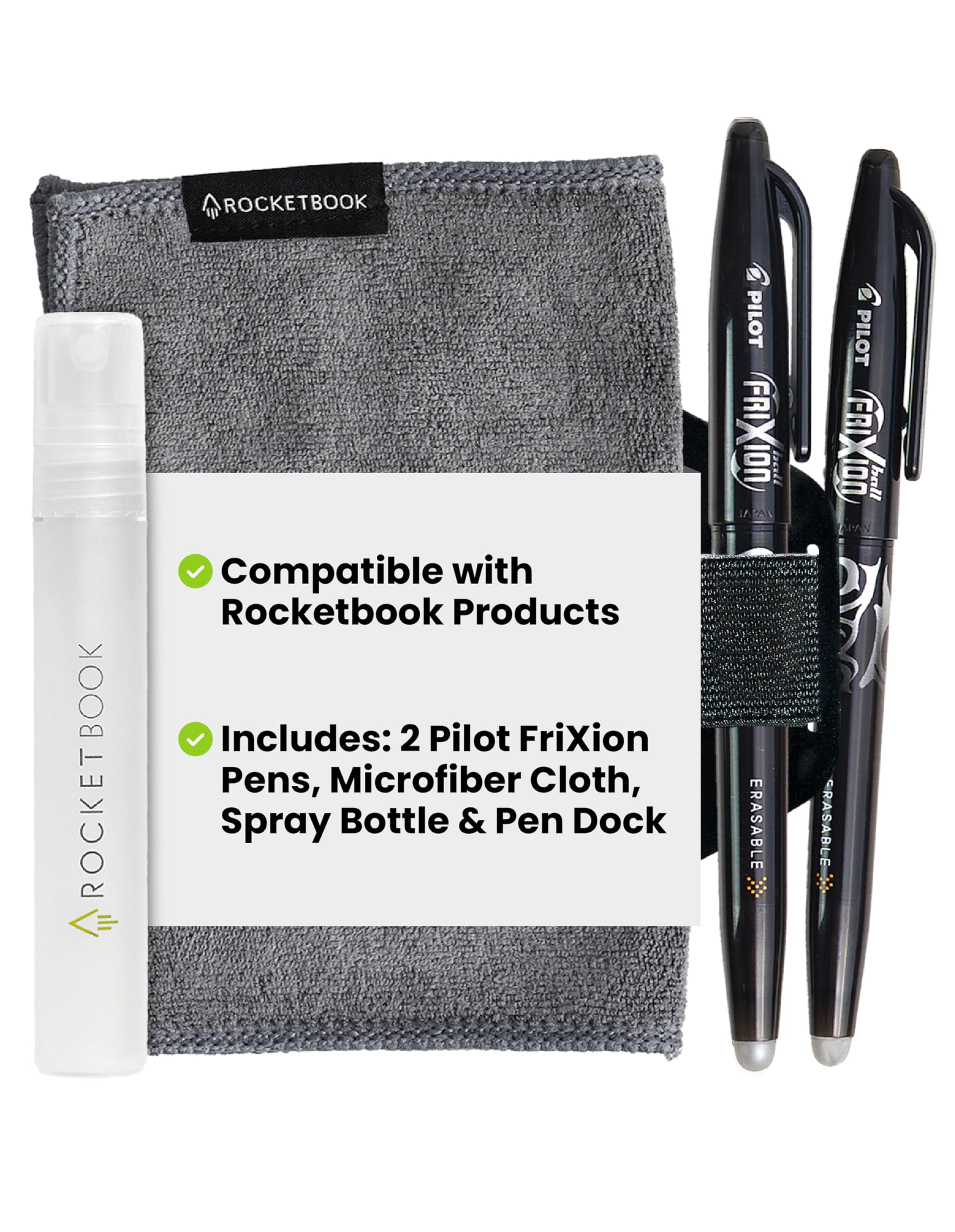 Rocketbook Accessory Kit – Complete Set with 2 FriXion Gel Pens, Spray Bottle, Microfiber Cloth & Pen Dock – Compatible with Rocketbook Notebooks & Planners for Effortless Organization Daily