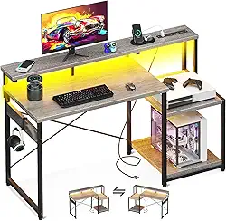 AODK Mesa de computador, mesa de jogos de 121 cm com luzes LED e tomada, mesa de escritório com prateleiras de armazenamento, mesa reversível com prateleira para monitor e gancho para fone de ouvido
