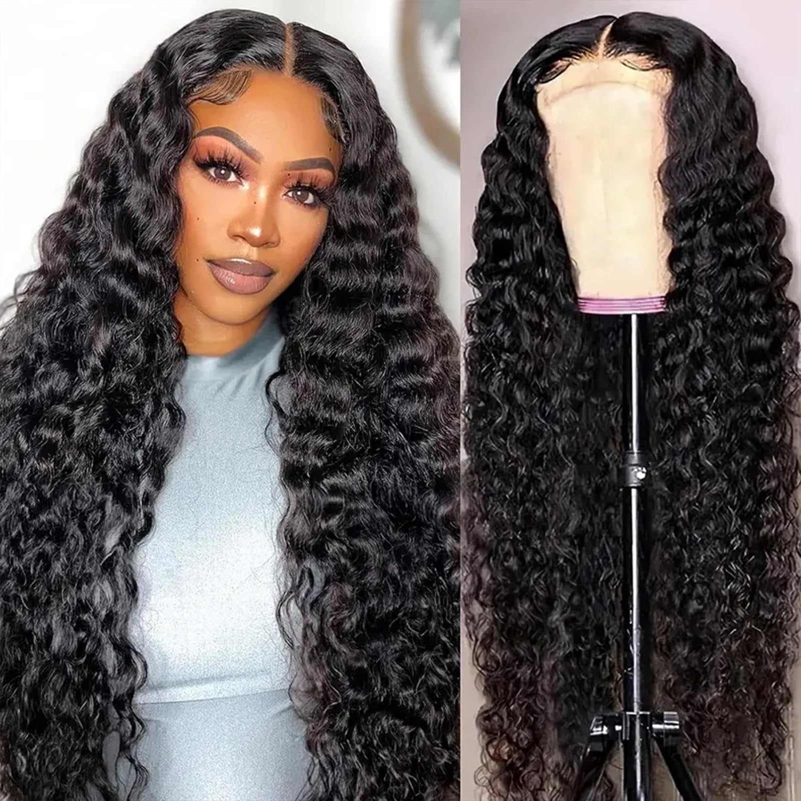 Generic Transparent Lace Frontal Wigs Human Hair with Pre-Plucked Deep Wave Frontal Wig Long Middle Part Curly Glueless Wigs for Women Girls