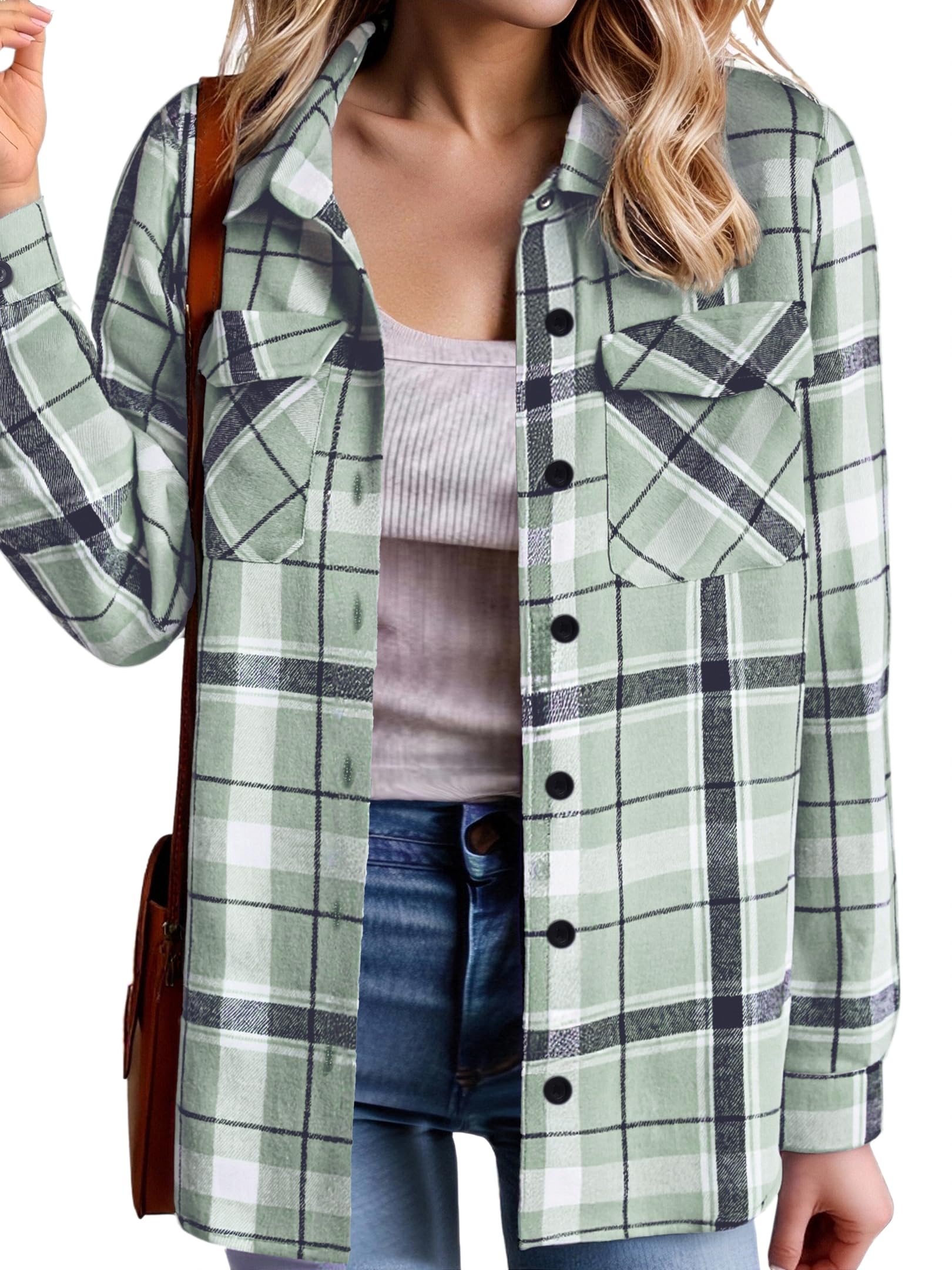 Womens Button Down Flannel Shirts Long Sleeve Plaid Blouses Lightweight Business Dressy Casual Top with Pockets
