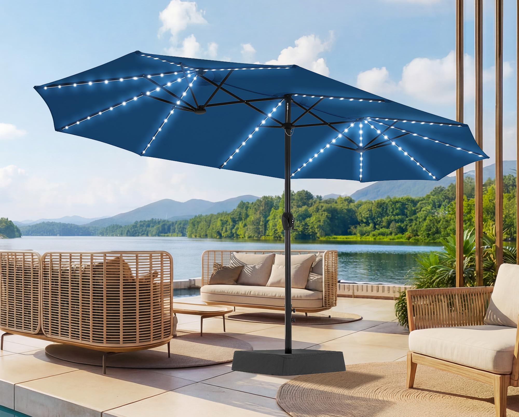 Photo 1 of ***FACTORY SEALED - OPENED FOR INSPECTION***   SUPERJARE 15ft Large Patio Umbrella with Base included, Double Sided Outdoor Umbrella with Solar Lights, Pool Umbrella with Fade Resistant Canopy for Deck, Porch, Yard, Balcony, Navy Blue