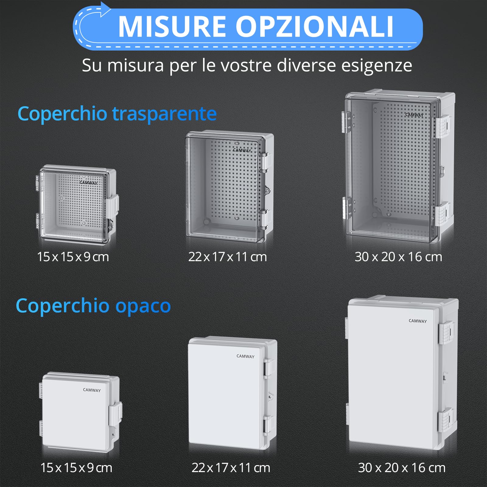 CAMWAY Scatola di Giunzione Impermeabile per Esterni IP67,Alloggiamento in Plastica ABS, Scatola Impermeabile Completa di kit Accessori di Montaggio,30 * 20 * 16CM,Coperchio Opaco