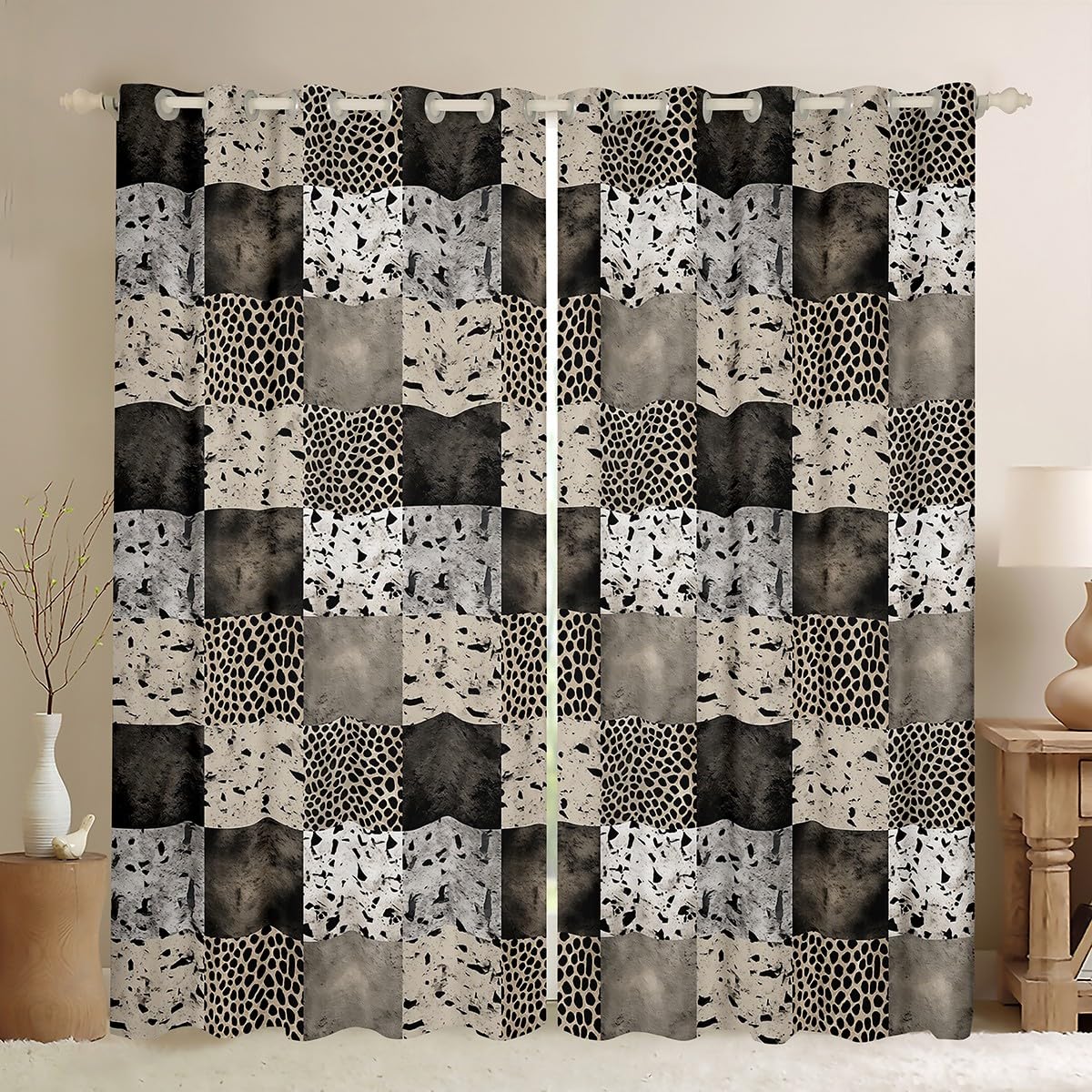 Homemissing Black Leopard Window Drapes Cheetah Grid Curtains for Kids Boys Girls Wild Animal Window Drapes Treatments Animal Patchwork Window Treatments, W52*L90,2 Panels