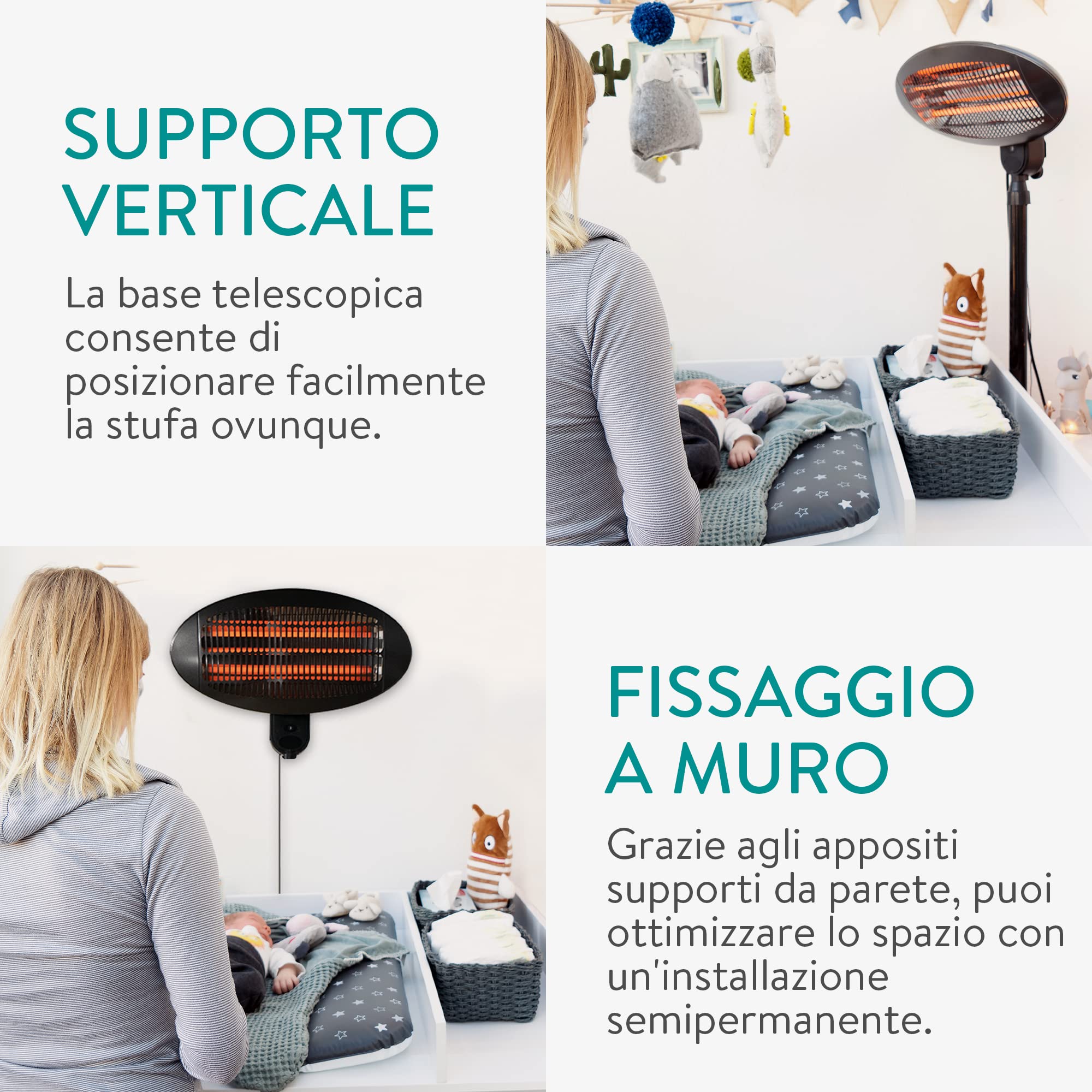 Navaris Lampada Riscaldante Esterno con 3 Barre - Riscaldatore da Terrazzo - Stufa Elettrica Interno Potenza 2000W - Radiatore Calore Cavo 3m - Nero