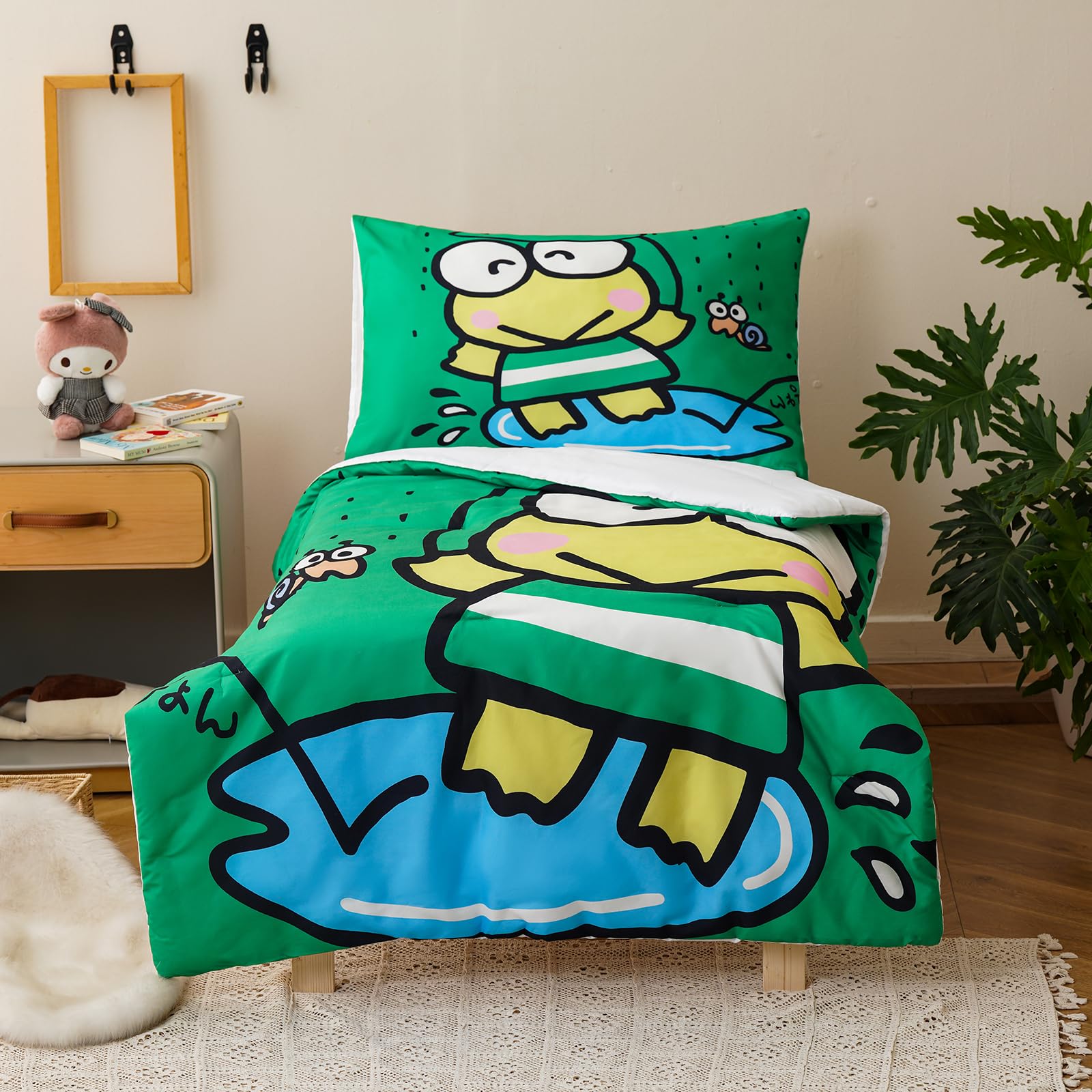 KAREVER Cartoon Toddler Bedding Set Frog Smail Print 4 Pieces Crib Bed Set Kids Reversible Green White Comforter Set