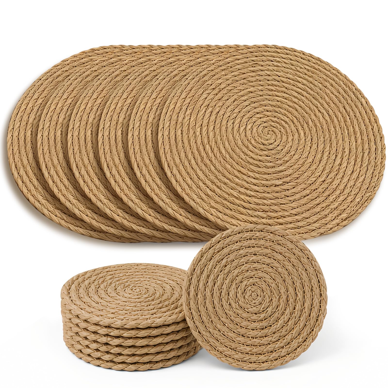 Mispudin 12-Piece Set: 6 Round Woven Placemats 30 cm + 6 Coasters, Bulrush