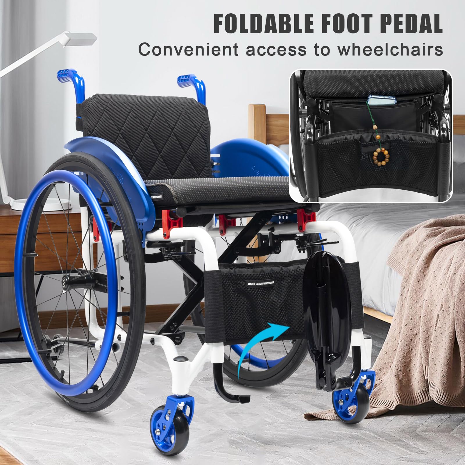 Sedia a rotelle Sportiva, Sedia a rotelle ergonomica Pieghevole per Il Trasporto, Lega di Alluminio Leggera, Ruote Posteriori a sgancio rapido, Design Portatile e Compatto