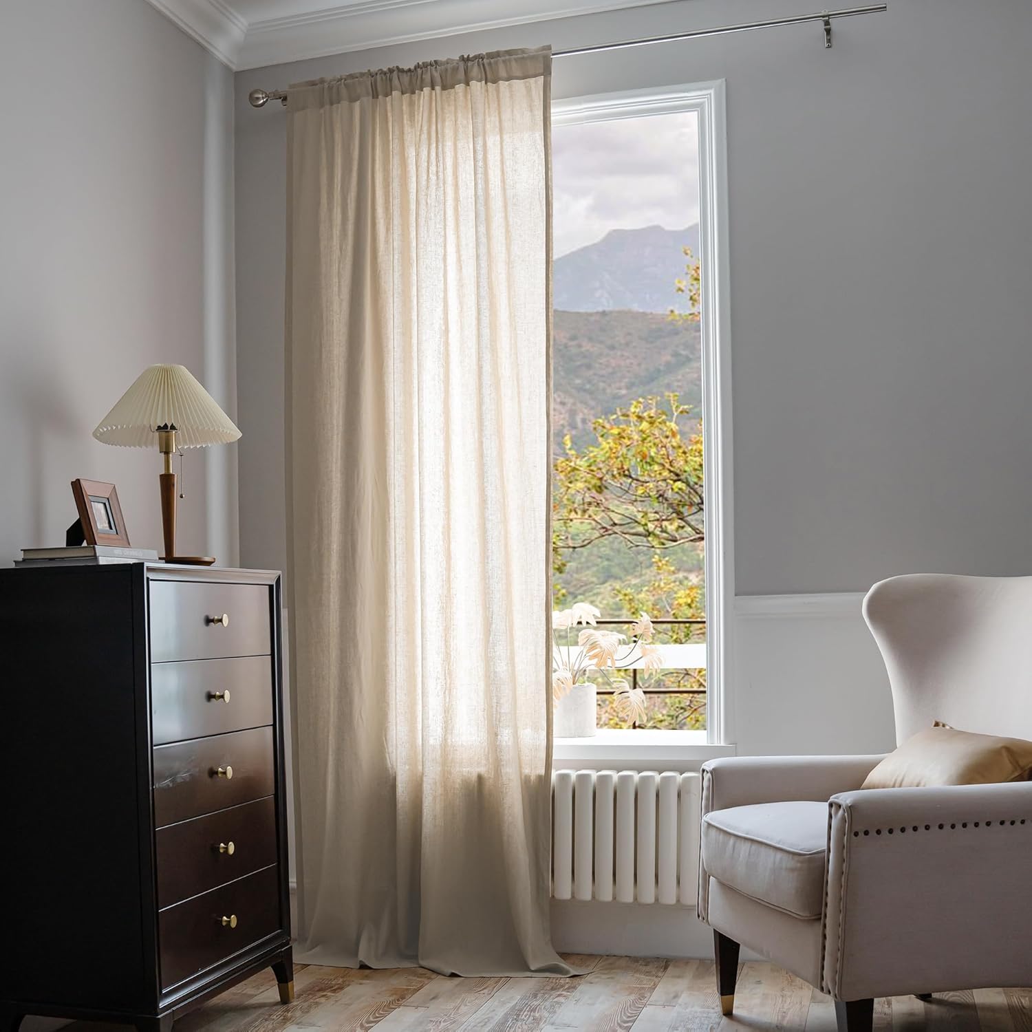 MYSKY HOME Linen Curtains for Living Room, 100% Linen Natural Semi Sheer Curtains & Drapes 84 inches Length Single Panel Window Curtains Farmhouse Light Filtering Rod Pocket 1 Piece, 50" Wide, Linen
