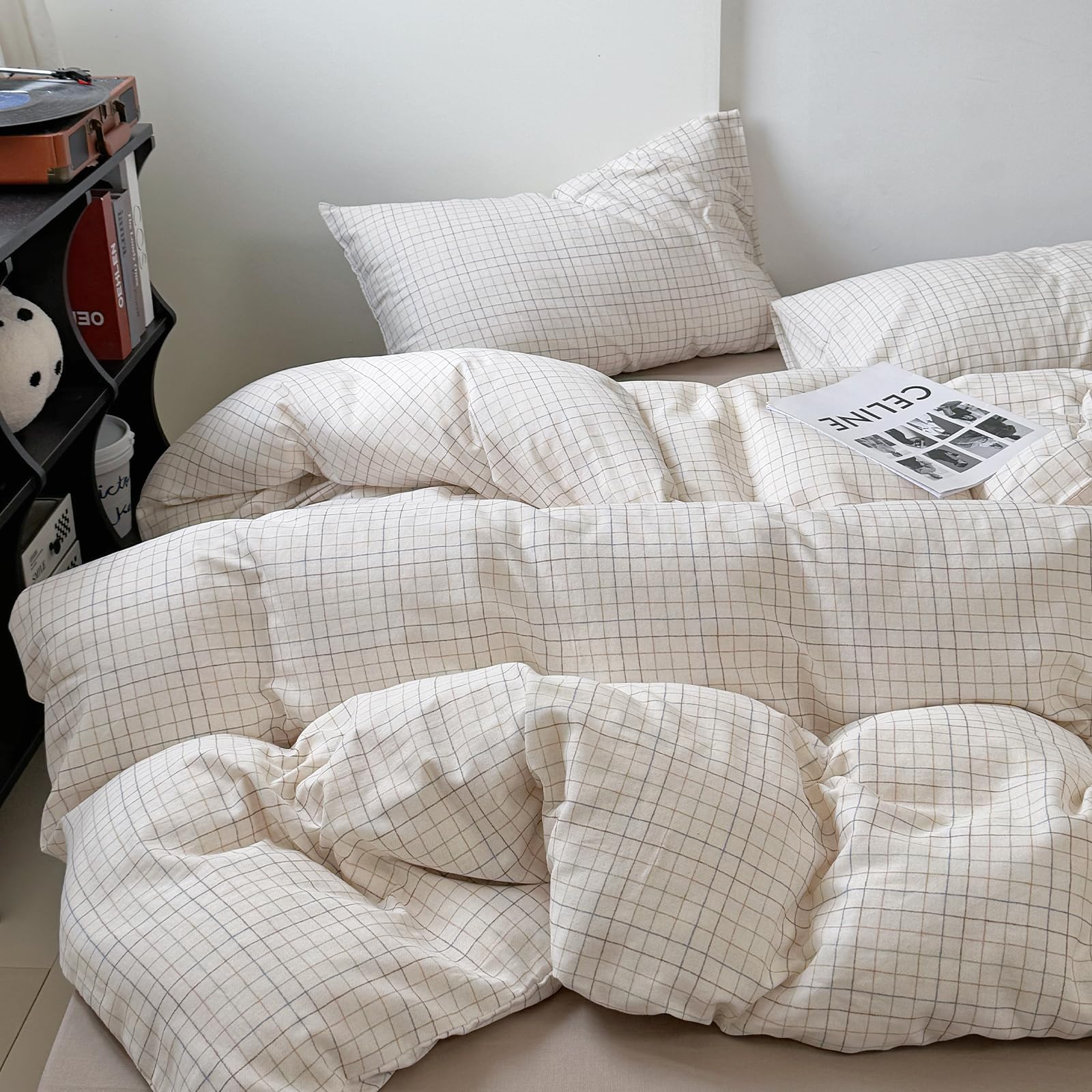 DREAMINGO Plaid Duvet Cover Set - Twin Size, Aesthetic Bedroom Decor Modern Bedding Set Colorful Stripes Grid Pattern Cotton Gauze Comforter Cover Cute Style for Kid Girls Boys — image 1