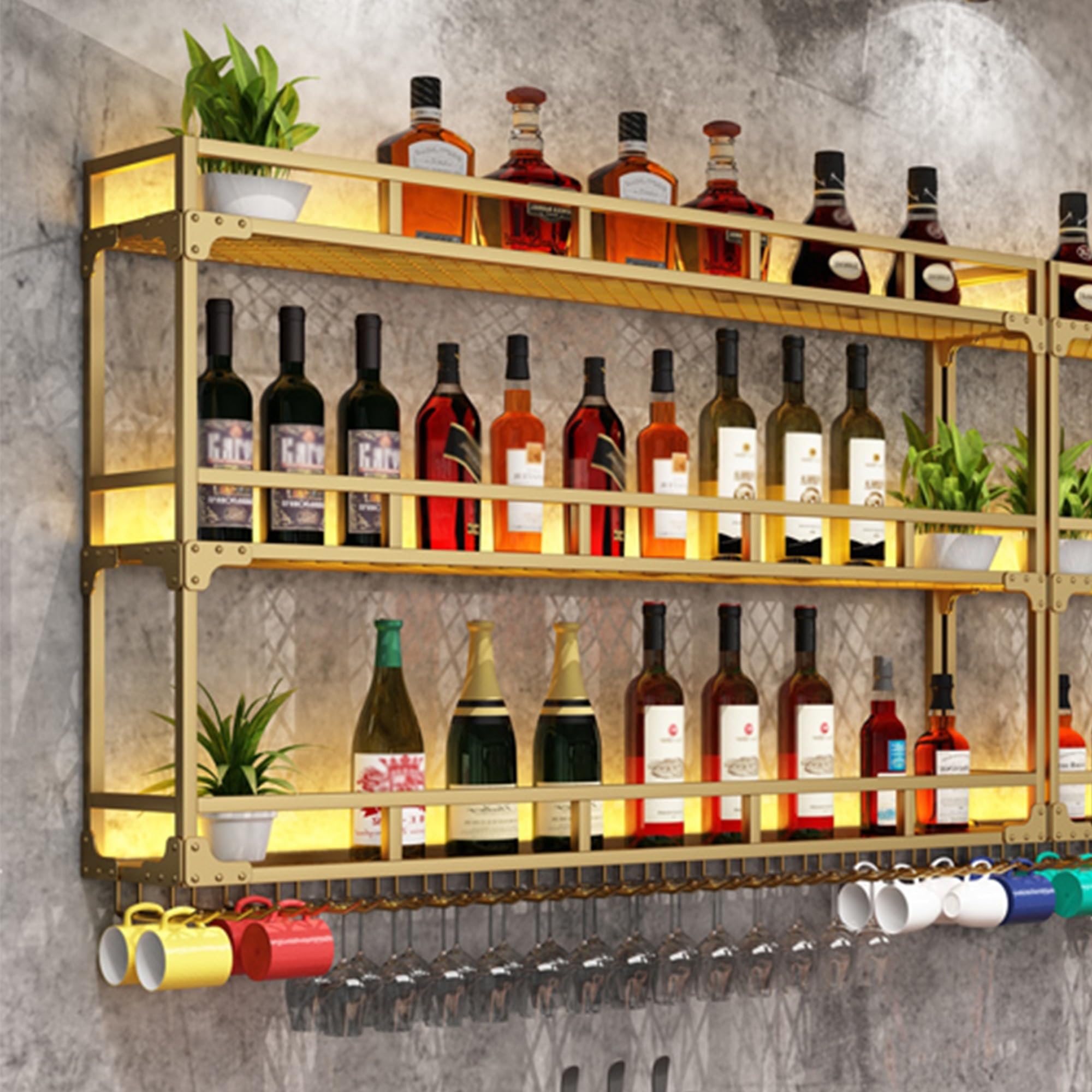 Portabottiglie da parete con luce LED, elegante scaffale per bancone bar, cucina e soggiorno, armadietto moderno per riporre oggetti, dimensioni: 150 x 25 x 90 cm