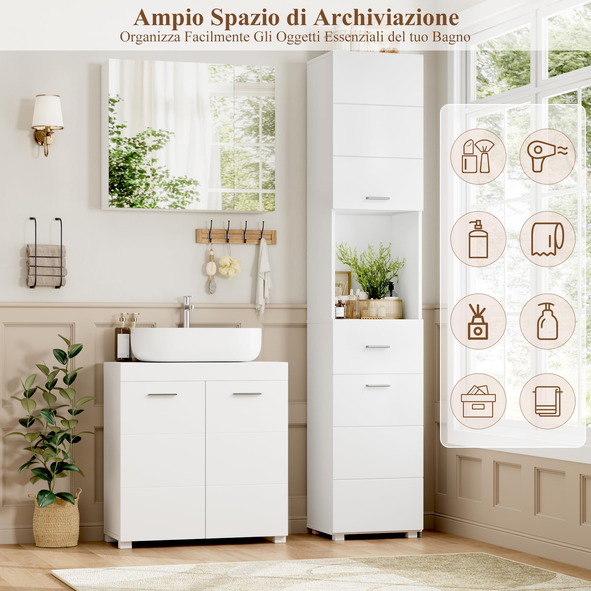 FOREHILL Armadio Colonna Bagno, Mobile Bagno Colonna con Ripiano Aperto, Armadietto Salvaspazio con 2 Ante 1 Cassetto Bianco 37x30x180cm