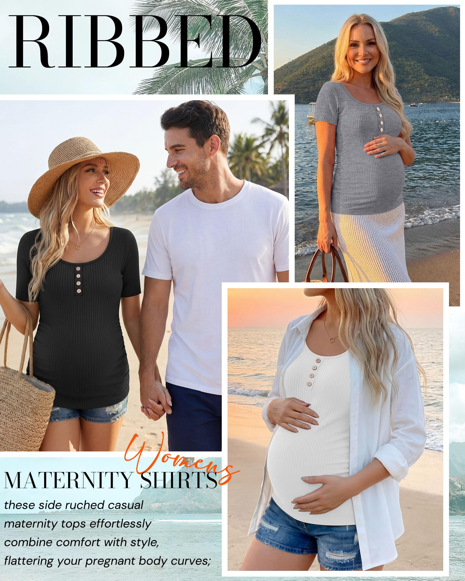 Xuniea Paquete de 4 Camisetas de Maternidad para Mujer, Manga Corta, Algodón Acanalado, Estilo Henley, con Fruncido Lateral