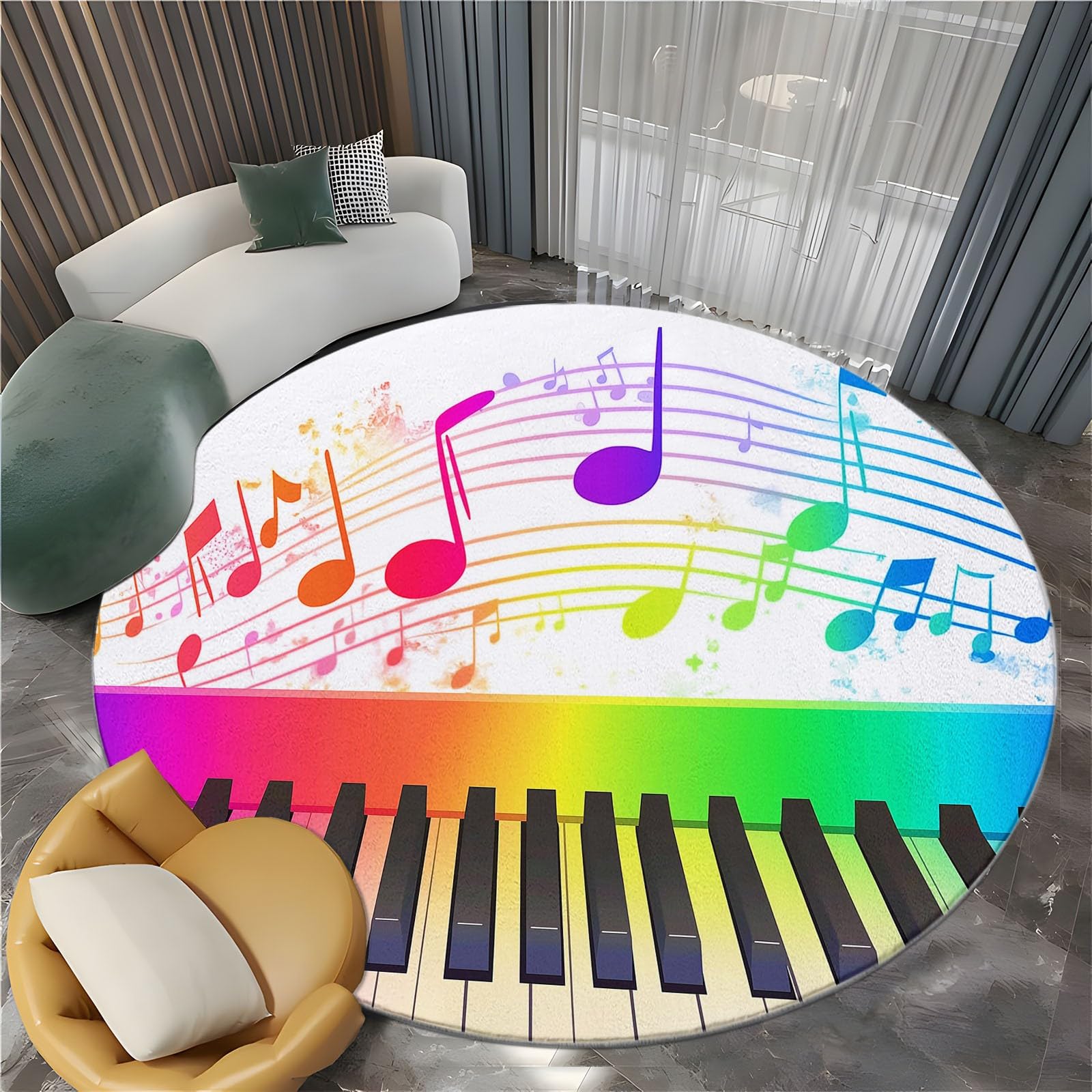 Klawisze fortepianowe i proste nuty okrągły dywan z nadrukiem, 150 cm okrągły dywanik nowoczesny antypoślizgowy dywanik, miękki dywan z nadrukiem, okrągły dywan do salonu pokoju dziecięcego, kolor