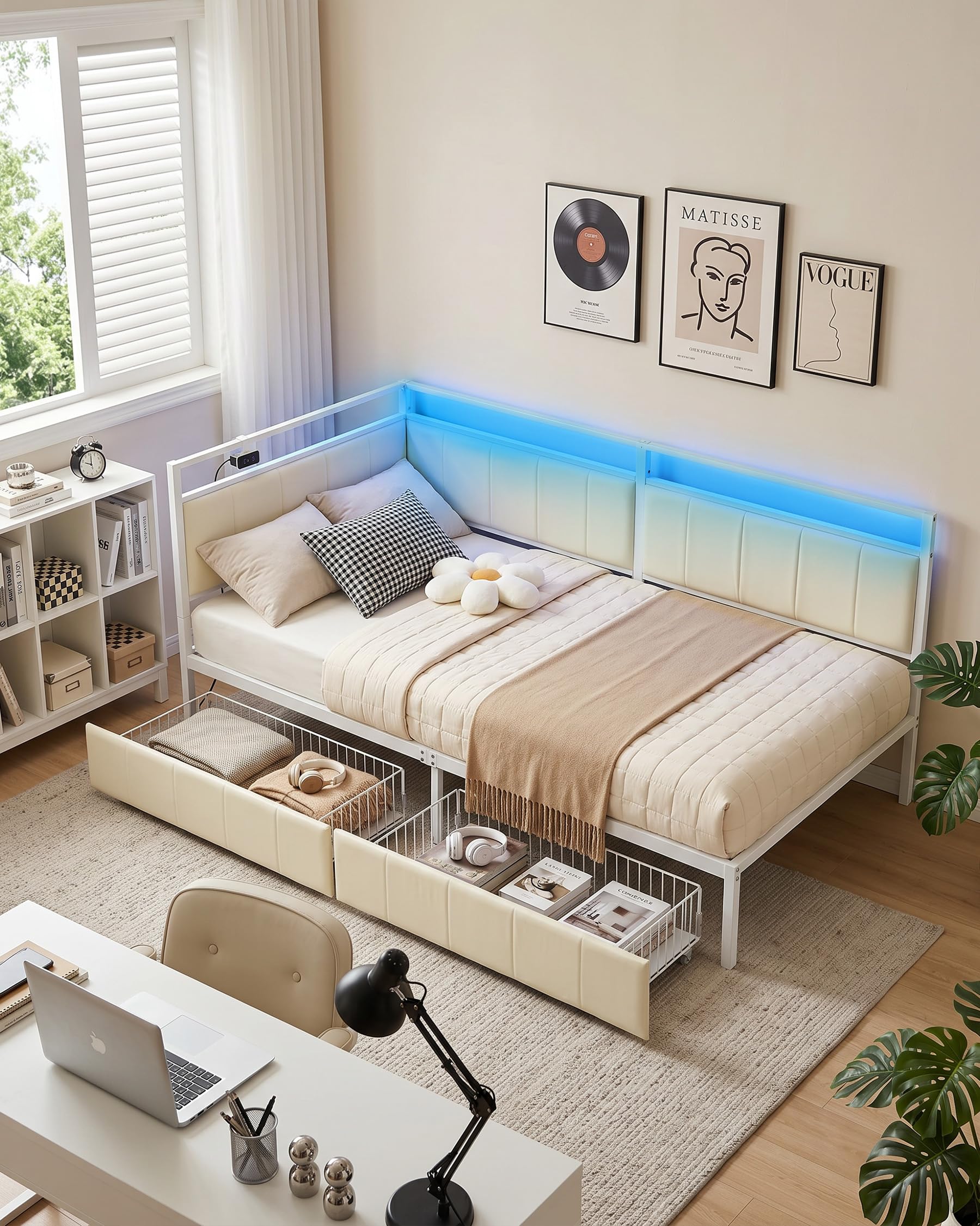Cama para adolescentes, 90 x 200 cm, sofá cama, cama de día con almacenamiento, cama tapizada con cabecera acolchada, marco de cama de metal, blanco/beige, terciopelo