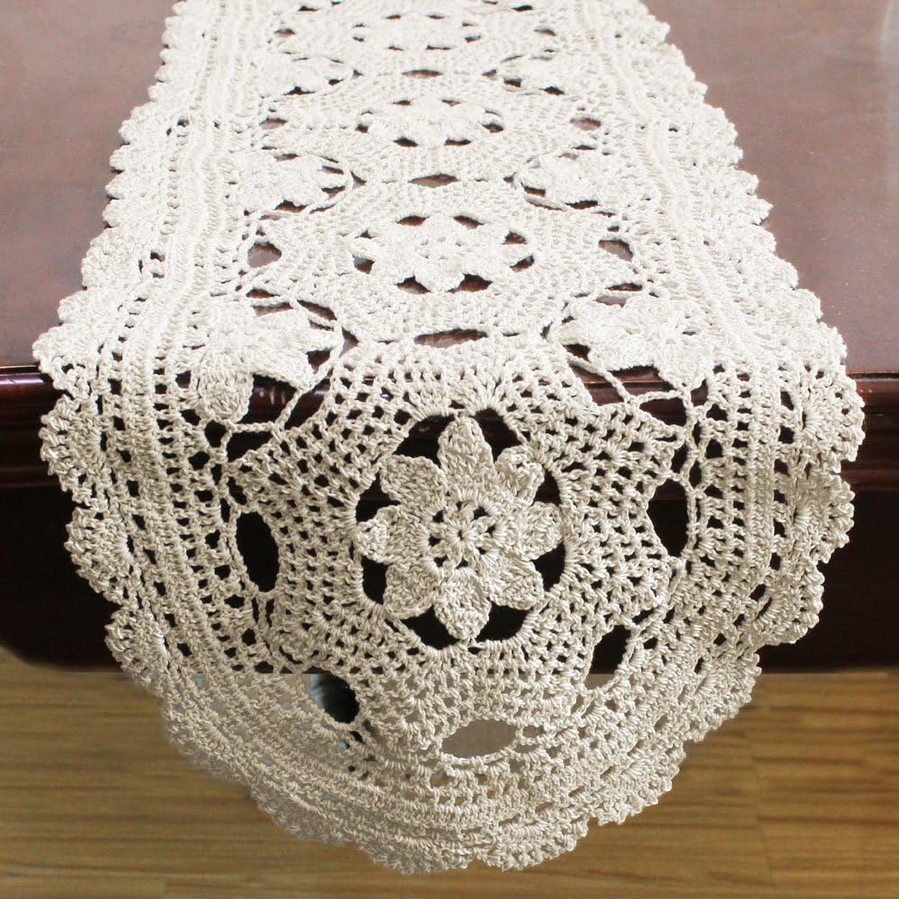 KEPSWET Cotton Floral Oval Handmade Crochet Lace Table Runner Beige (12x72 inch)