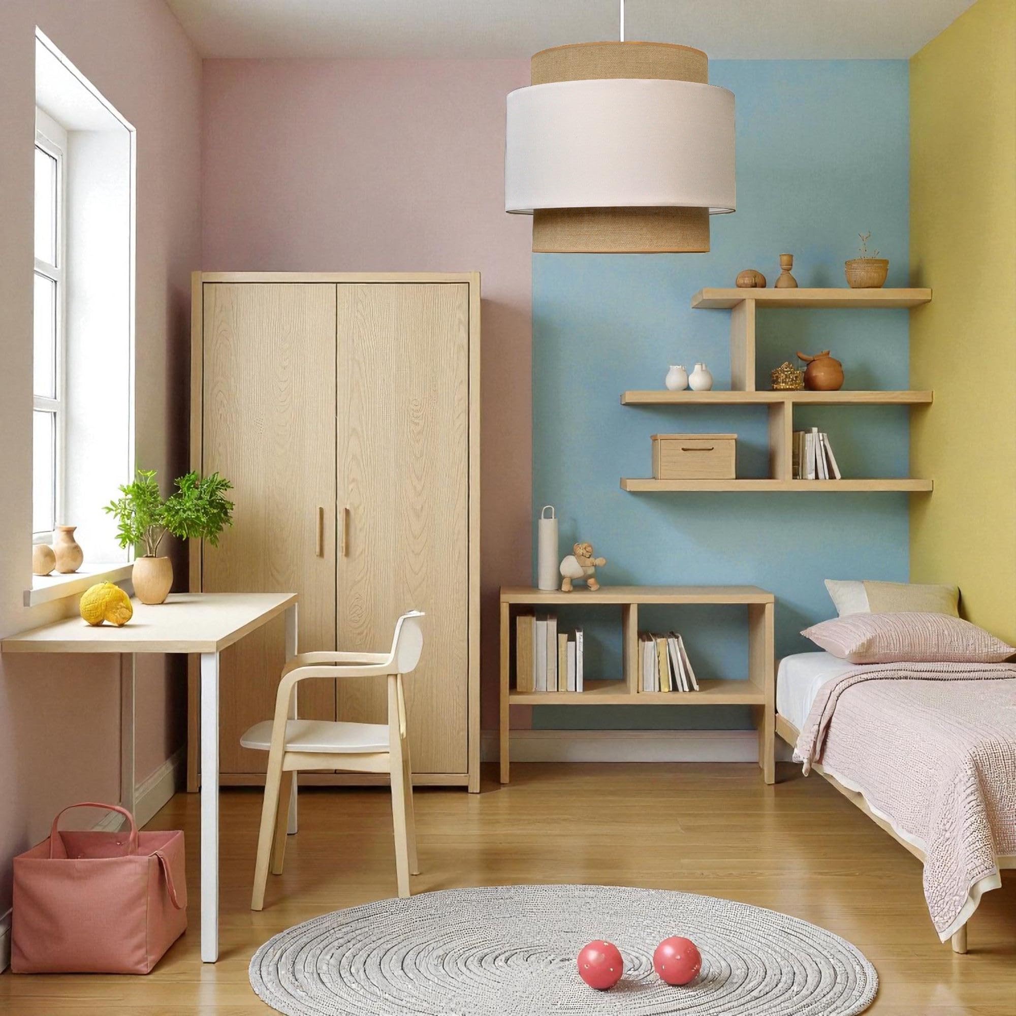 BALI Lámpara estilo BOHO 2xE27, pantalla de tela, Ø38 cm (yute natural y algodón) lámpara de techo para habitación infantil, salón, dormitorio y cocina, fabricada en la UE