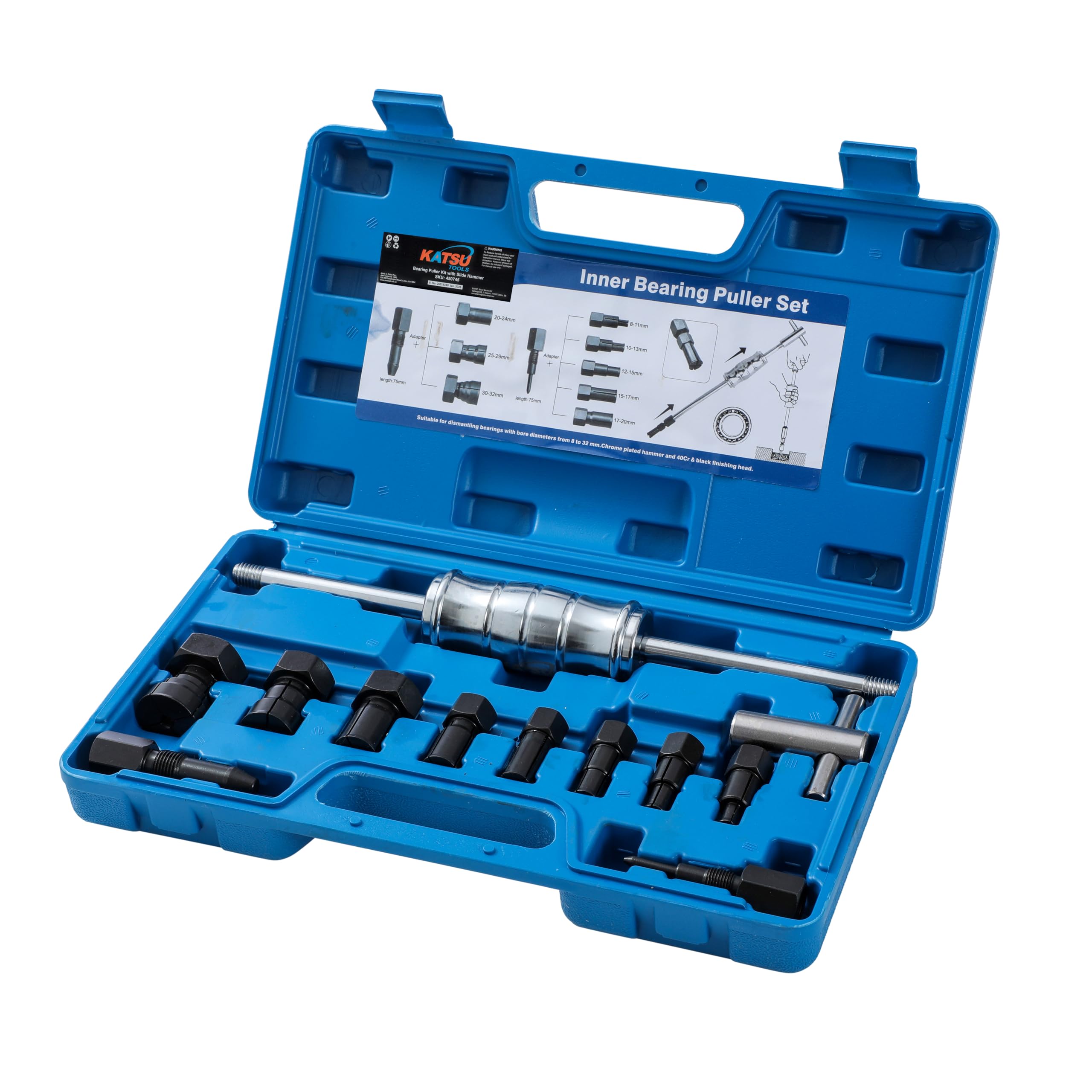 KATSU Tools - Set di 12 pezzi per estrattori di cuscinetti interni per fori ciechi con martello a scorrimento e mandrini espandibili 8-32 mm per officina auto e moto, Modello 450745