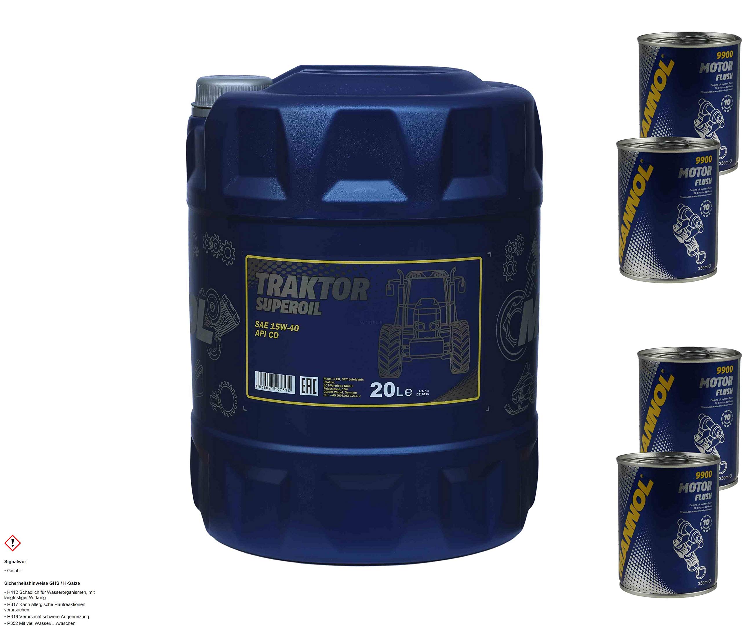 MANNOL Traktor Superoil Huile de moteur 15W-40 4xMotor Flush, 20 l