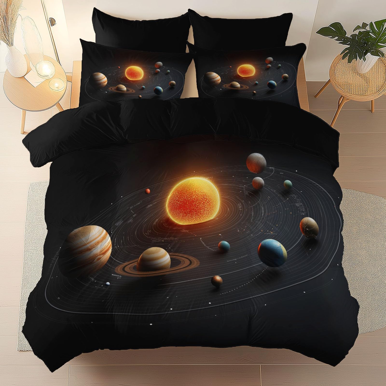 Housse de couette 240 x 260 cm noir planètes soleil réversible