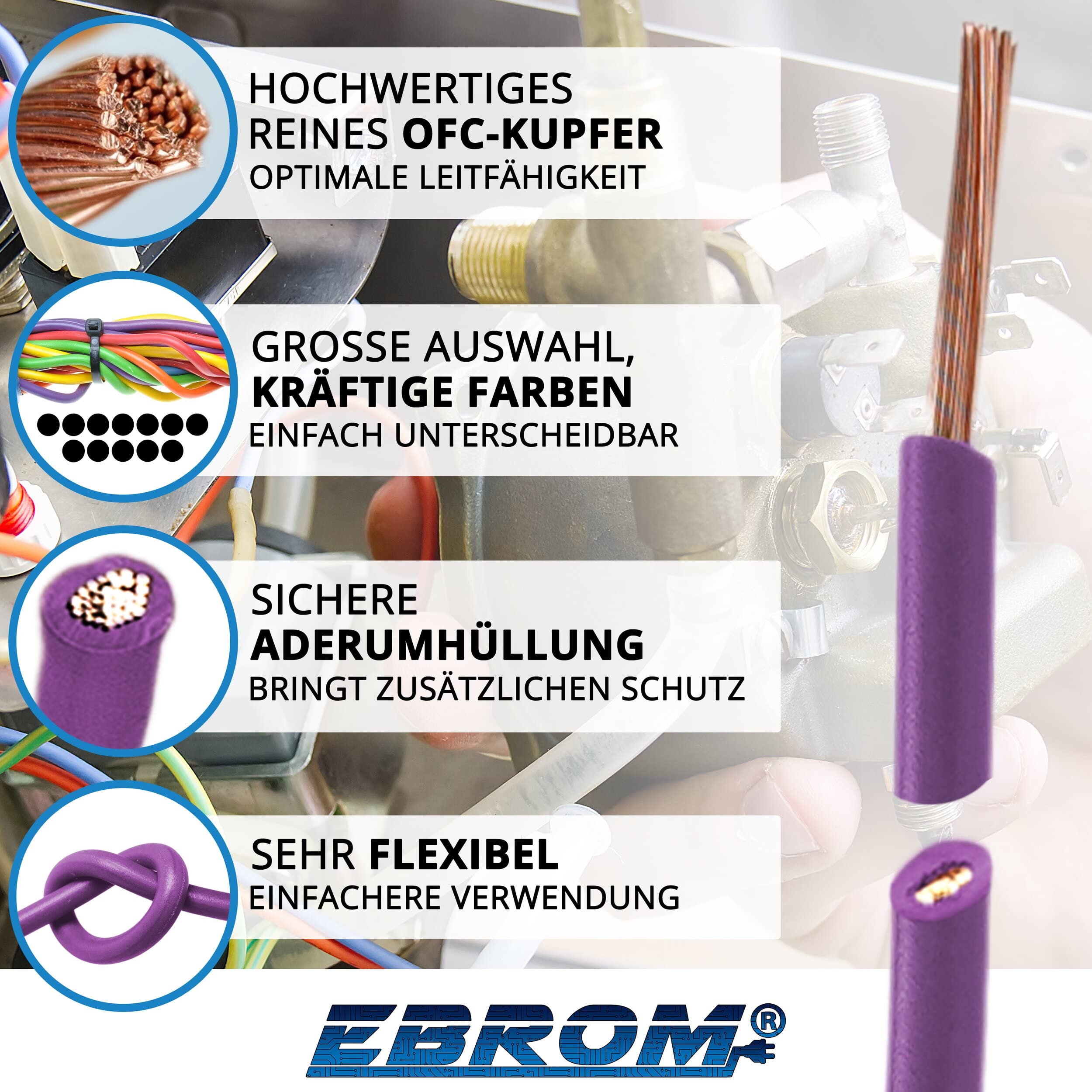 EBROM Cavo di cablaggio – Singolo cavo flessibile 1,5 mm2 – Cavo in PVC – H07V-K 1,5 mm² – Colore: viola – 5 m 10 m 15 m 20 m 25 m 30 m 35 m 40 m 45 m 50 m 55 m 60 m 70 m fino a 10 m