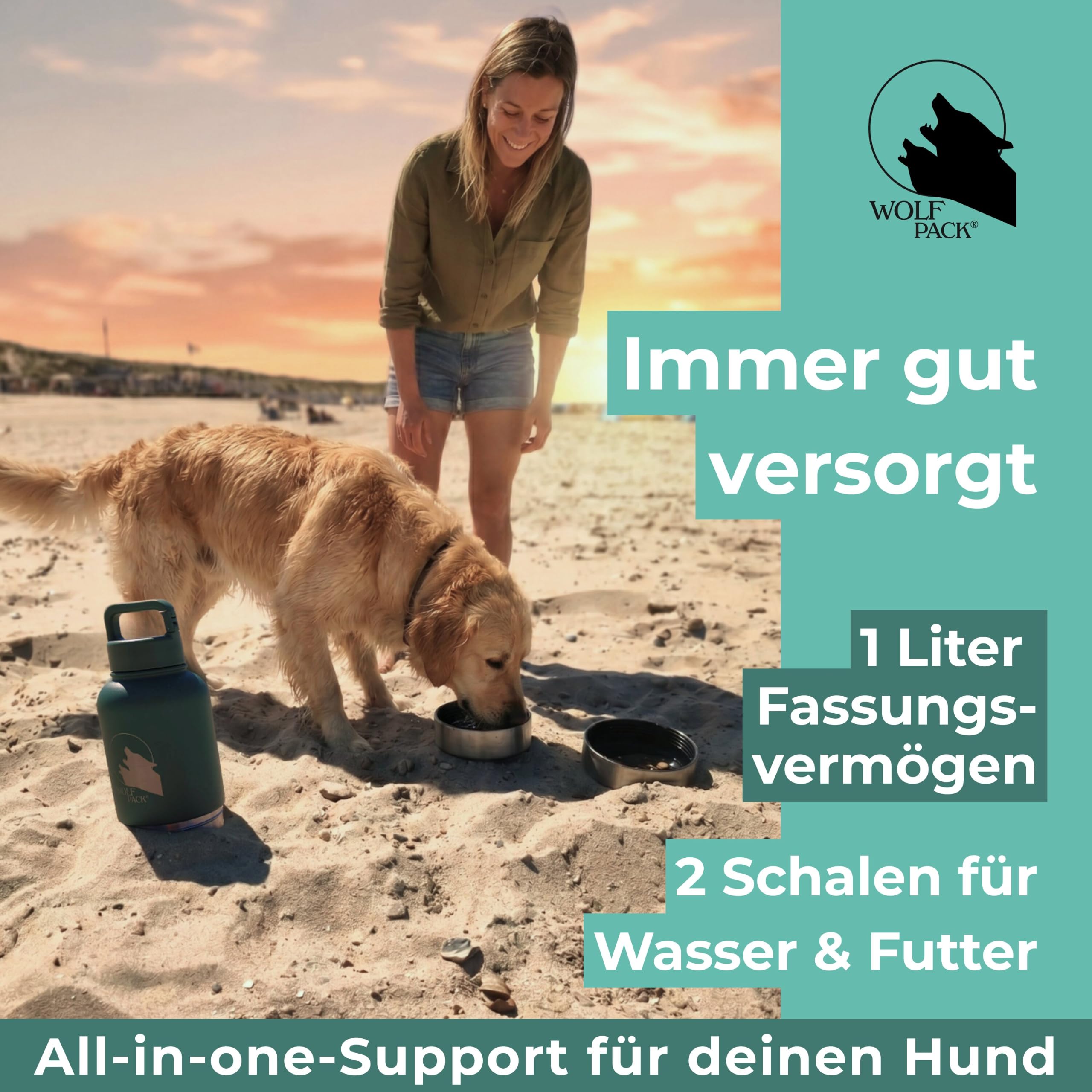 Wolf Pack Hydro Hundetrinkflasche für unterwegs – 1 L 3-in-1 Edelstahl-Trinkflasche mit 2 Hundenäpfen für Wasser und Futter, vakuumisoliert, auslaufsicher, BPA-frei, Karabiner