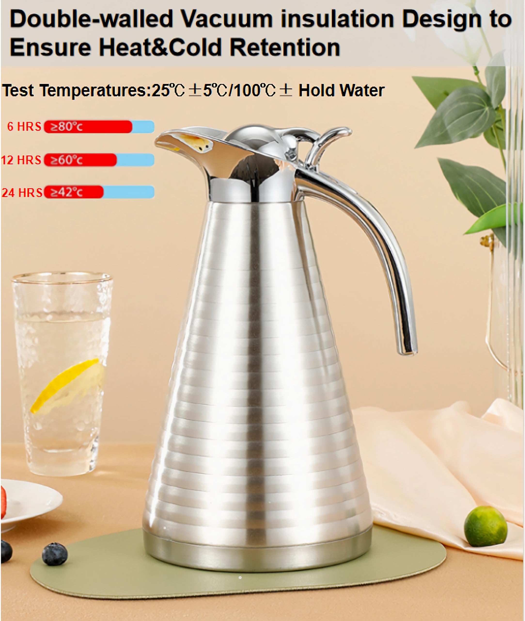 Thermal Coffee Carafe,51oz/8Cups Stainless Steel Vacuum Thermal Pot,Double Walled Vacuum Flask,12-hour Heat and 24-hour Cold Retention Water,Coffee Dispenser and Beverage Dispenser Pot,Great Gift