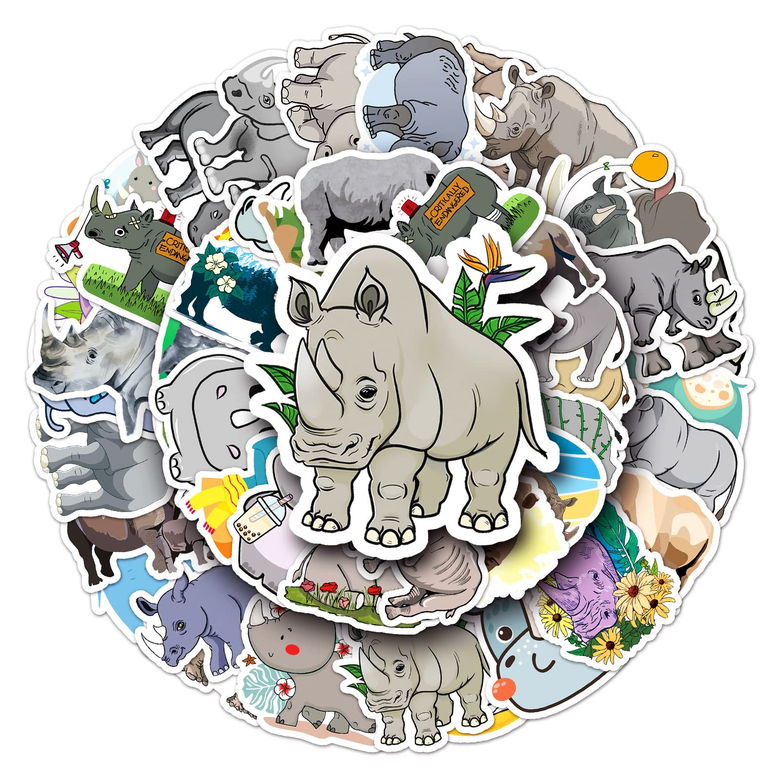 50Pcs Rhinos Stickers Laptop Car Scrapbook Phone Skateboard Suitcase Luggage Bike Animals Rhino Stickers Vinyl Waterproof Aesthetic Personalised Stickers for Teens Boys Girls Adults Children