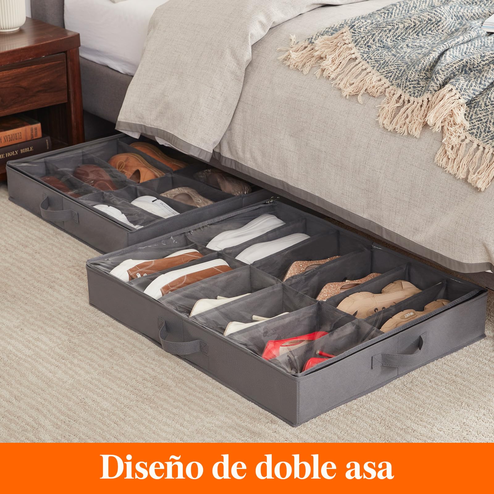 Lifewit Bolsas de Almacenamiento para Zapatos con Ventana Transparente, Cajas Almacenaje Zapatos Plegables Debajo de la Cama con Asas, Organizador Zapatos, Gris, 2 x 12 Pares