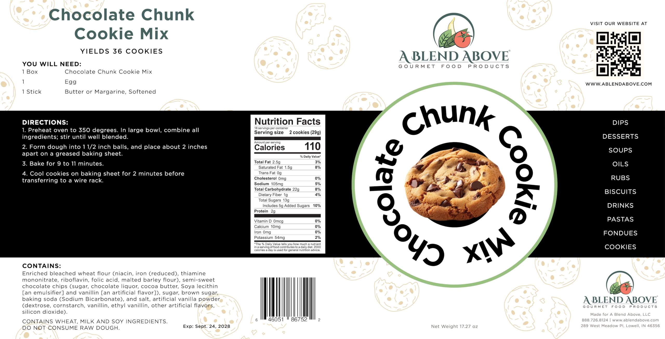 A Blend Above Chocolate Chunk Cookie Mix (Makes Appx. 36 Cookies), Choco-Chip Bliss: Indulgent Chocolate Chip Cookie Mix, Quick and Easy to Make, 10 Minute Prep, Large Chocolate Chips