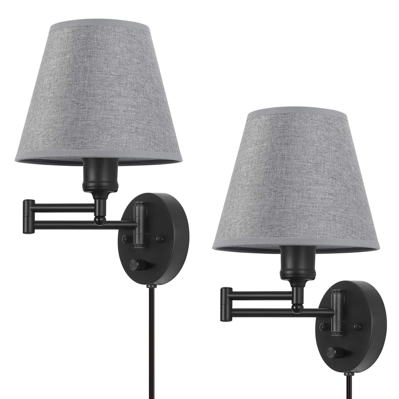 CADUKE Plug in Wall Light Set of 2, Dimmable Wall Sconce, Swing Arm Wall Fixture with Gray Linen Lampshade, Modern Bedroom Wall Lights Fixtures,Bedside Reading Lamp