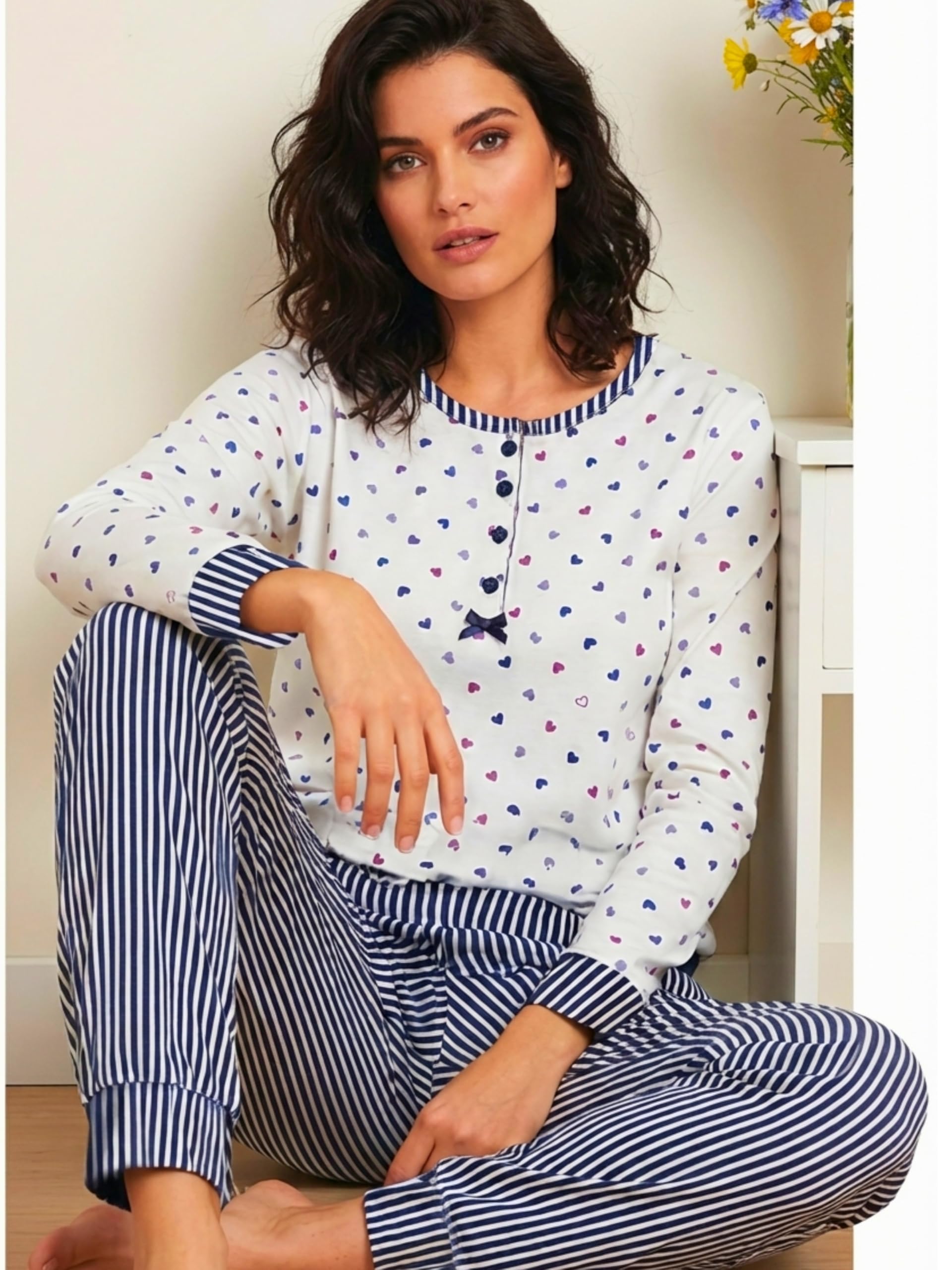 o-day Vanuè Pigiama Donna Cotone Leggero 100% - Ideale per Primavera e Mezze Stagioni - Completo di Maglia con Bottoni e Pantalone Comodo - 3