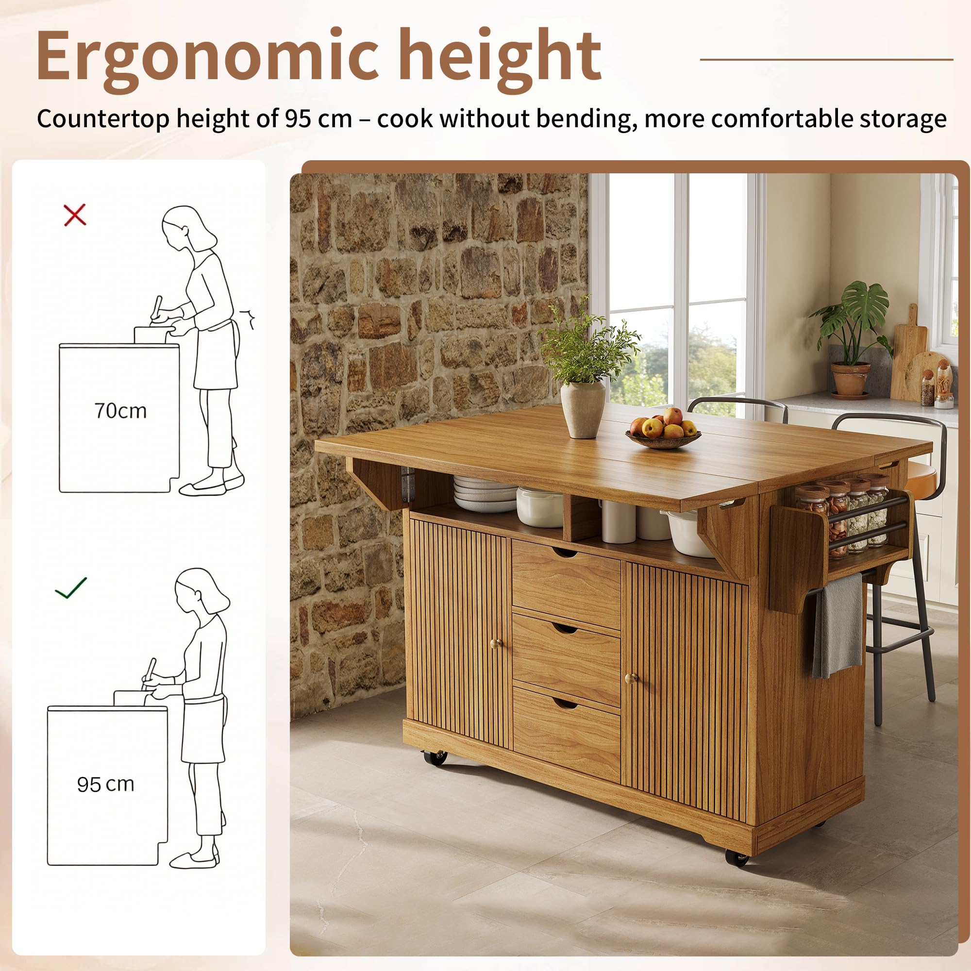 SUKY Carrito de servir con extensión de mesa plegable, 95 cm de altura ergonómica, cajones, encimera, ruedas con bloqueo, color marrón oscuro