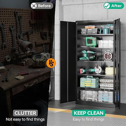 Miniatura 7 de Armarios de almacenamiento de metal con cerradura, gabinete de almacenamiento de garaje de 71 pulgadas con 2 puertas y 5 estantes ajustables,