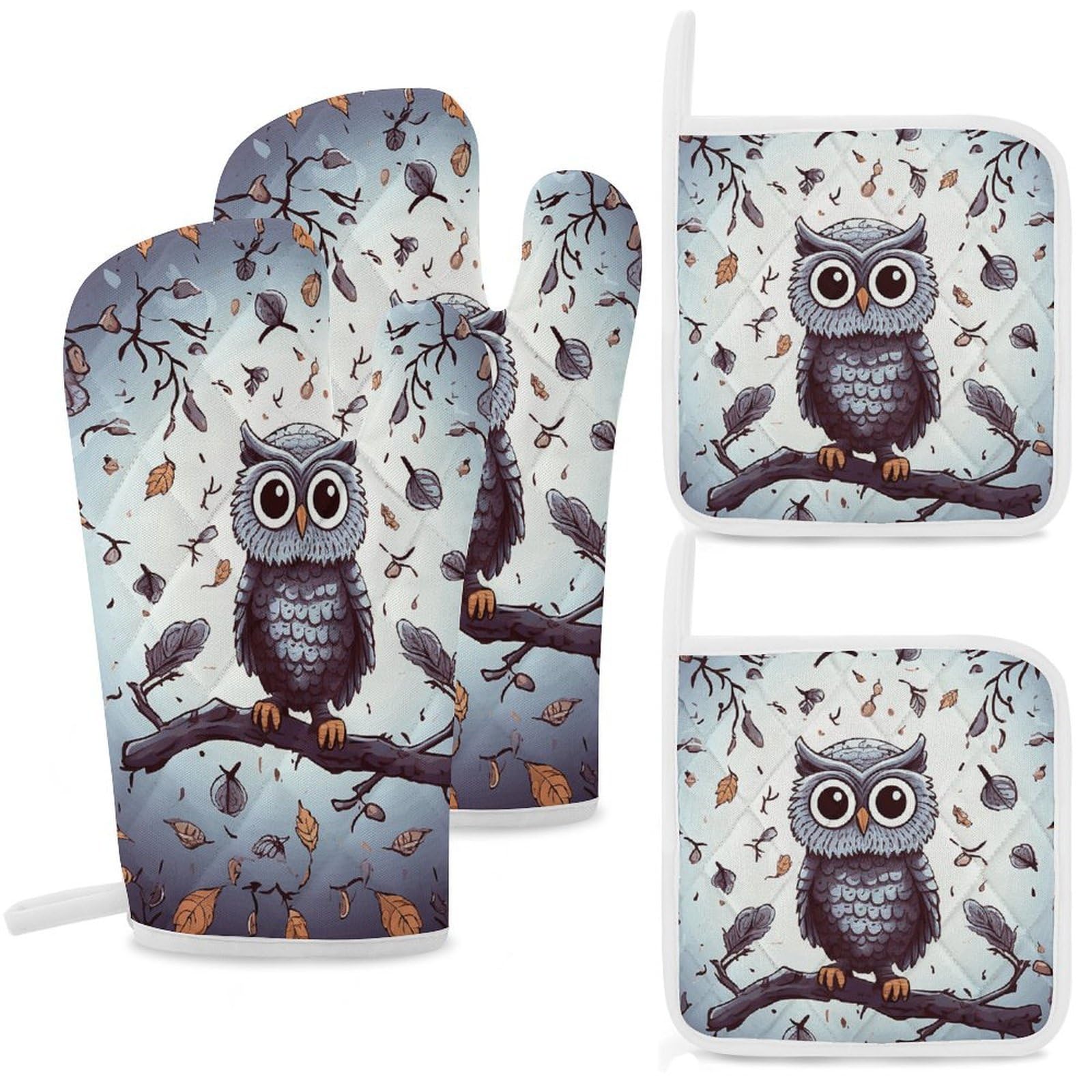 Owl Tree Branches Oven Mitts and Pot Holders Sets Heat Resistant Oven Glove with Hanging Loop for Baking Cooking BBQ Thicken Potholders for Kitchen